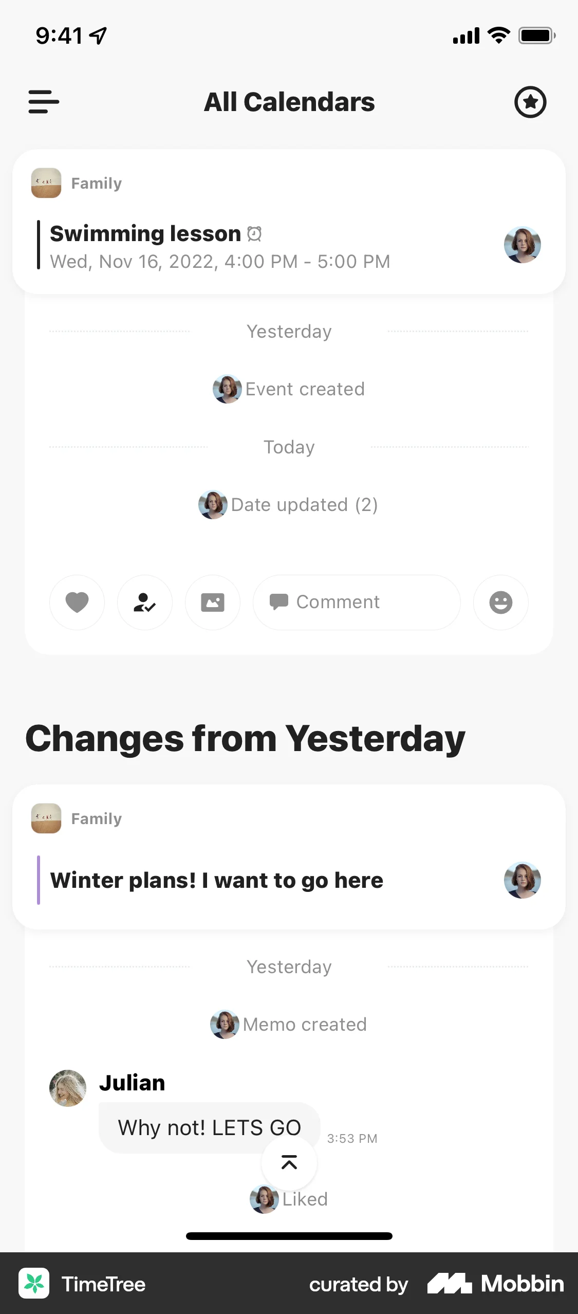TimeTree iOS Social Feed screen