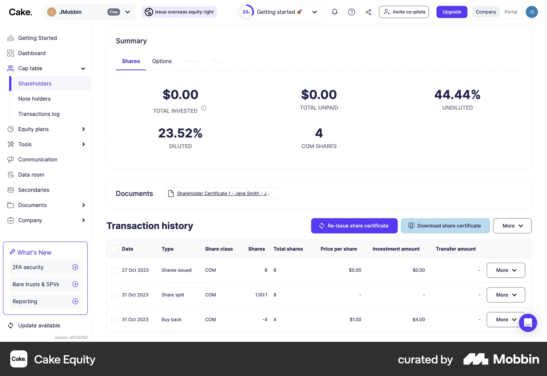 Cake Equity Web User / Group Profile screen