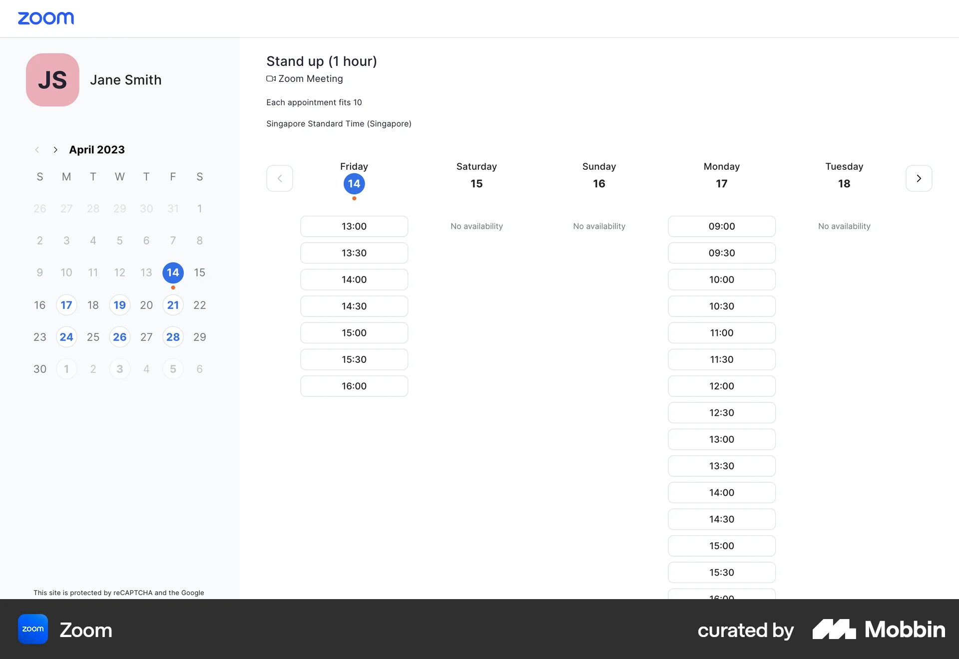 Zoom Web screen containing Time Picker UI element