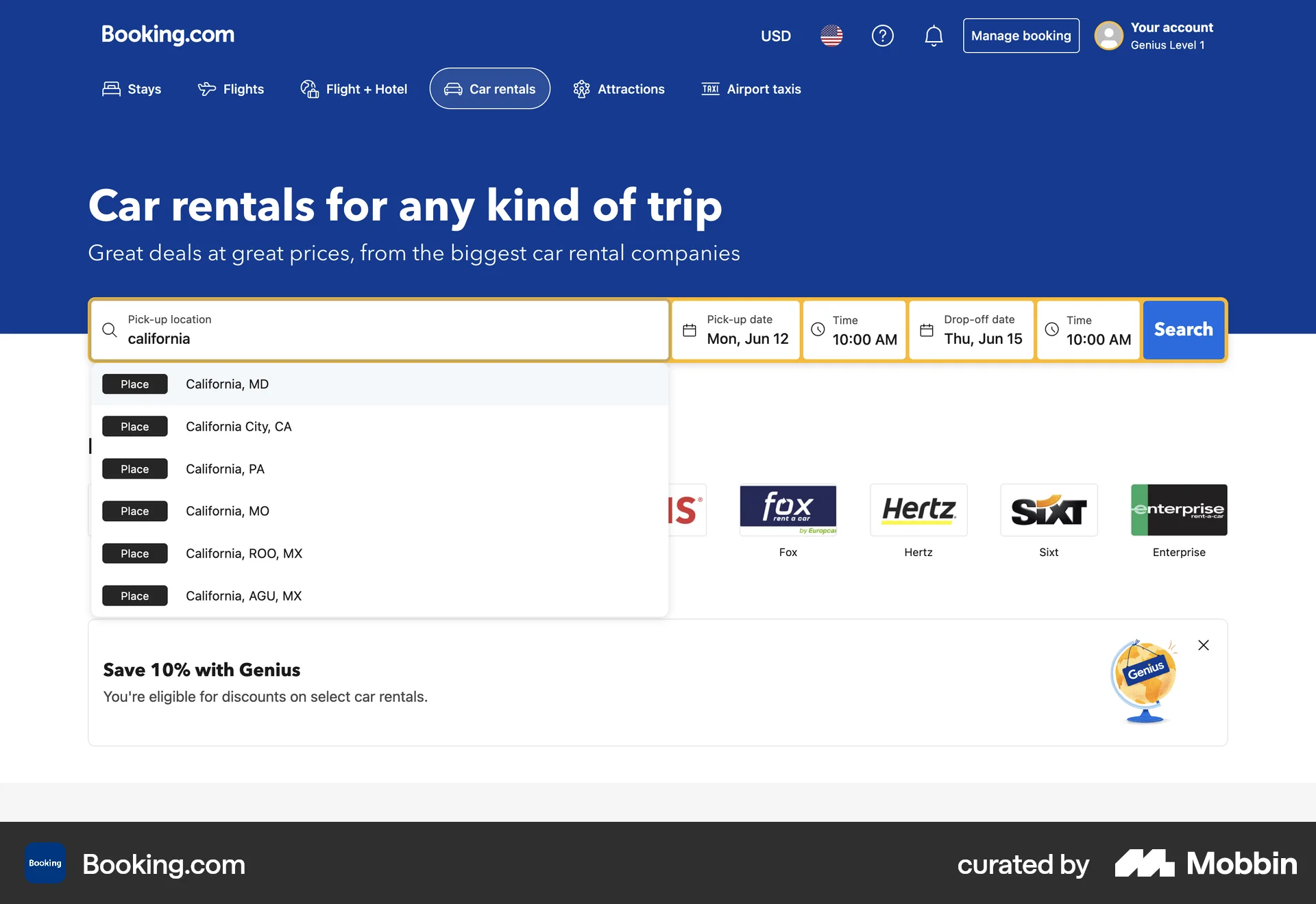 Booking.com Web screen containing Search Bar UI element