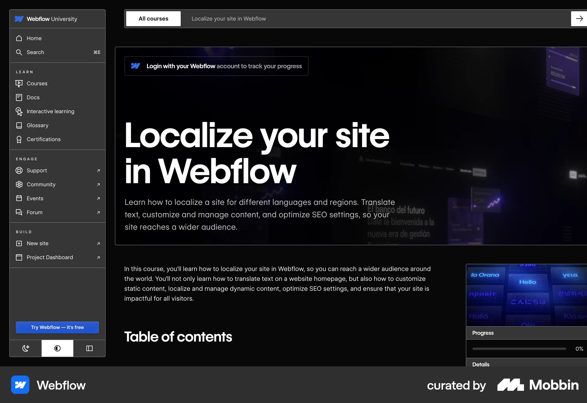 Webflow Web Class & Lesson Detail screen