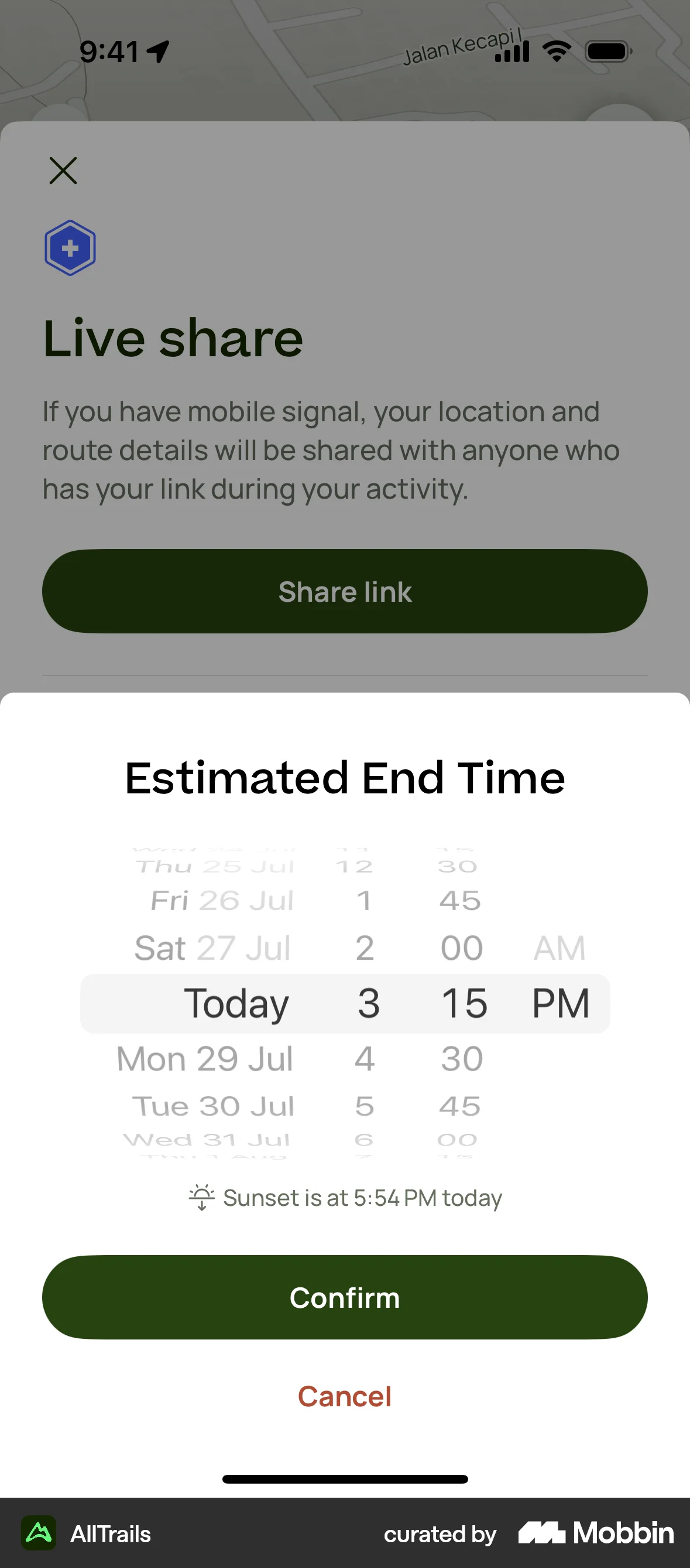 AllTrails iOS screen containing Time Picker UI element