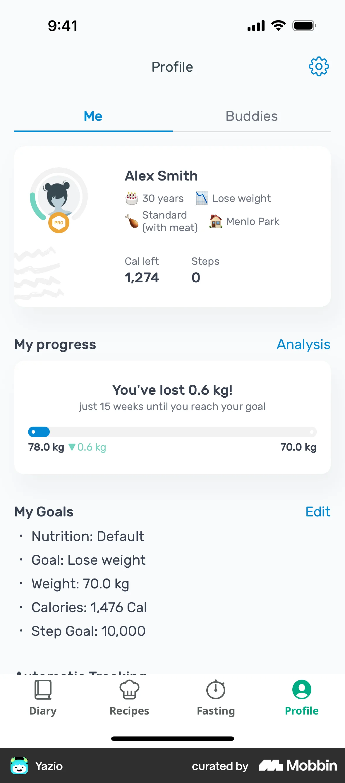 Yazio iOS My Account & Profile screen