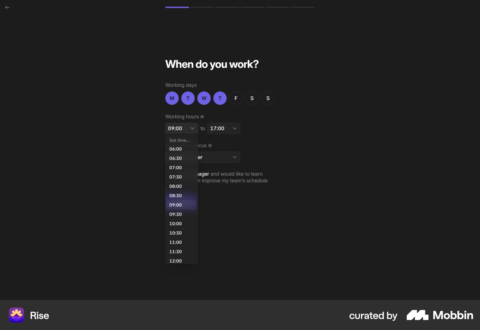 Rise Web screen containing Time Picker UI element