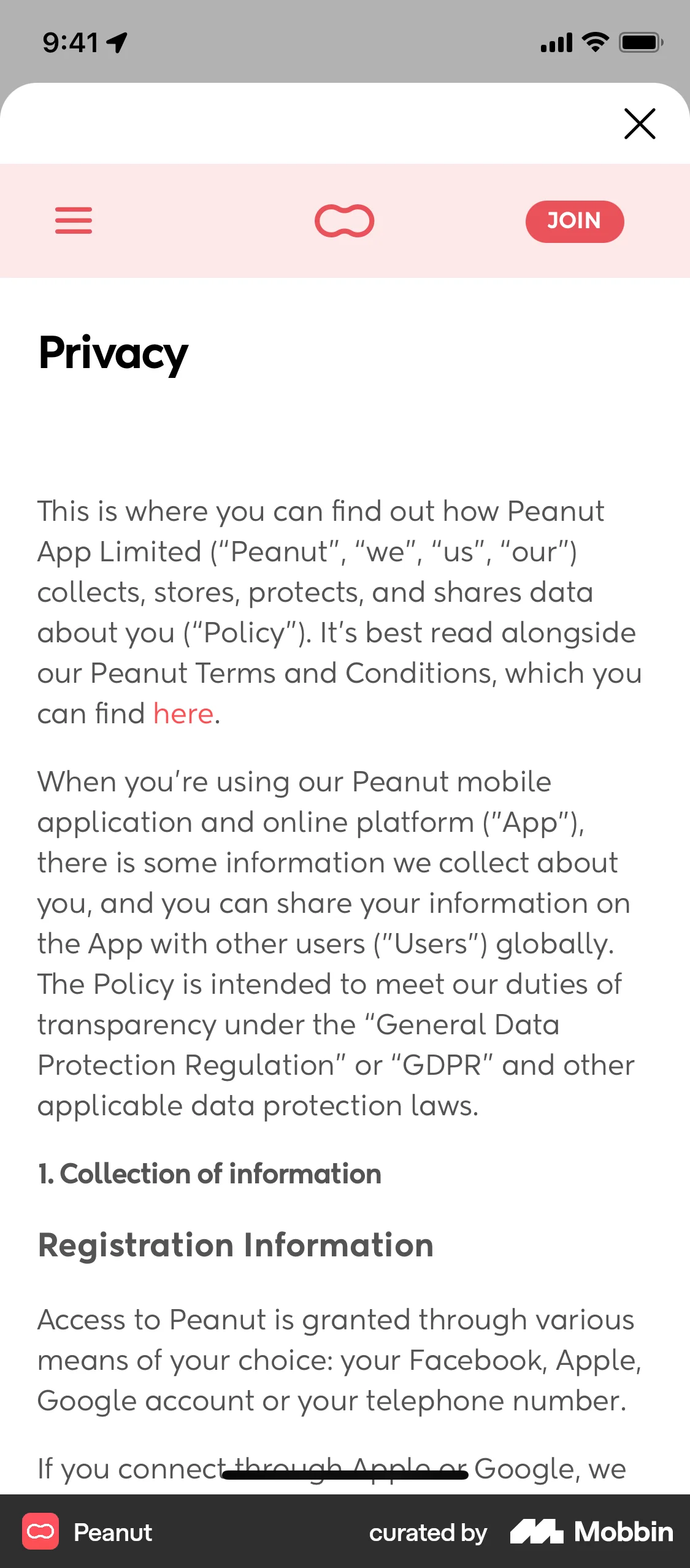 Peanut iOS Privacy Policy screen