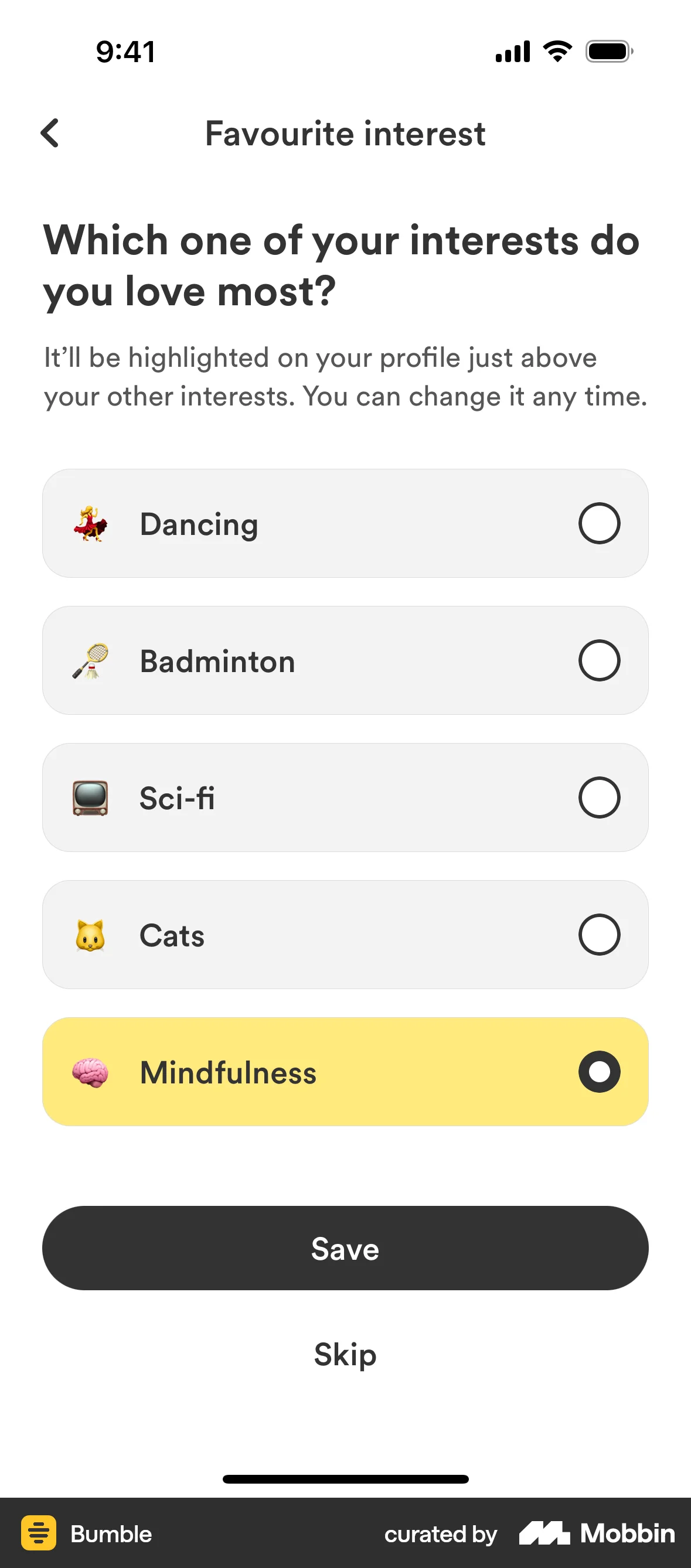 Bumble iOS Quiz screen