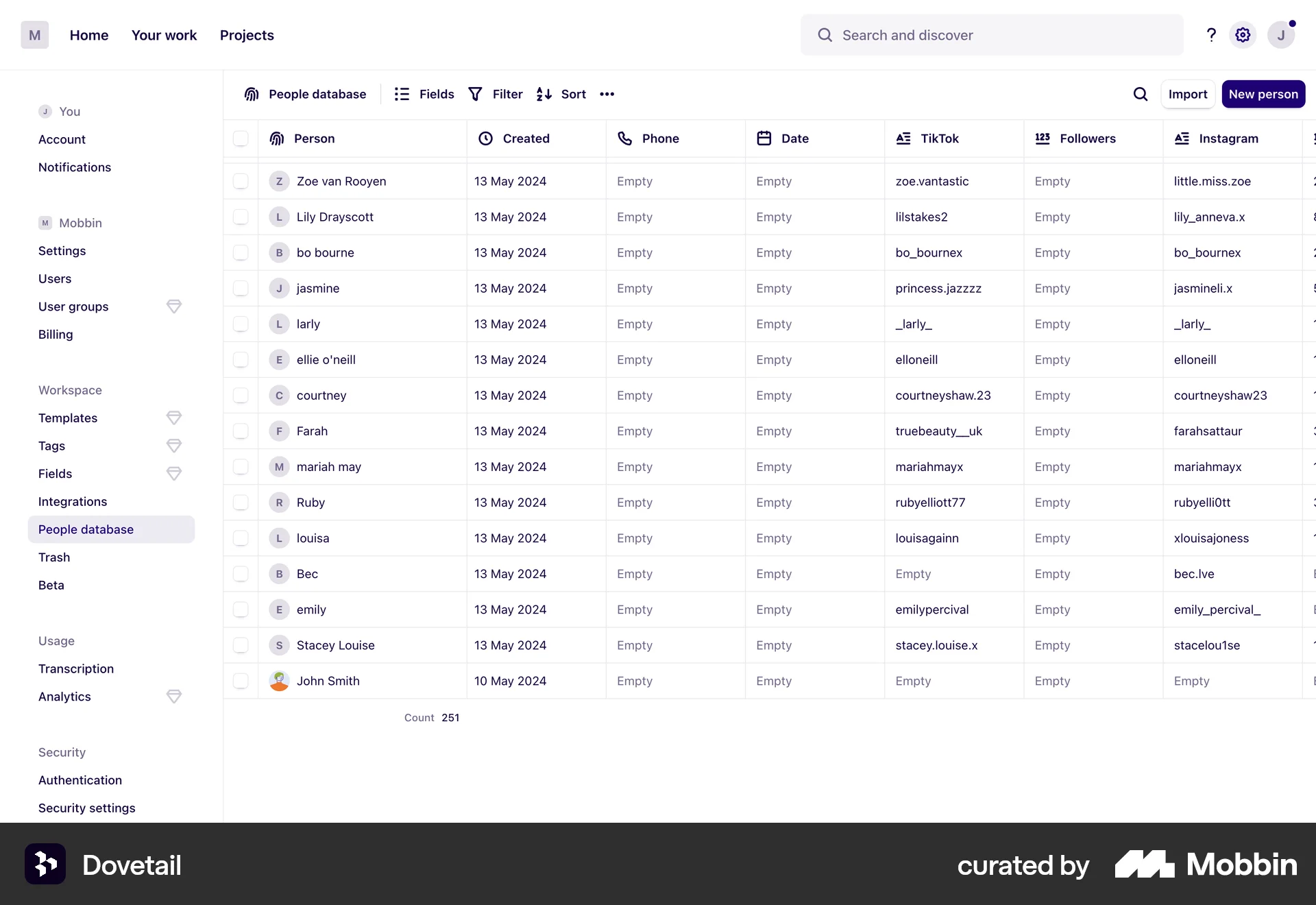Dovetail Web screen containing Table UI element