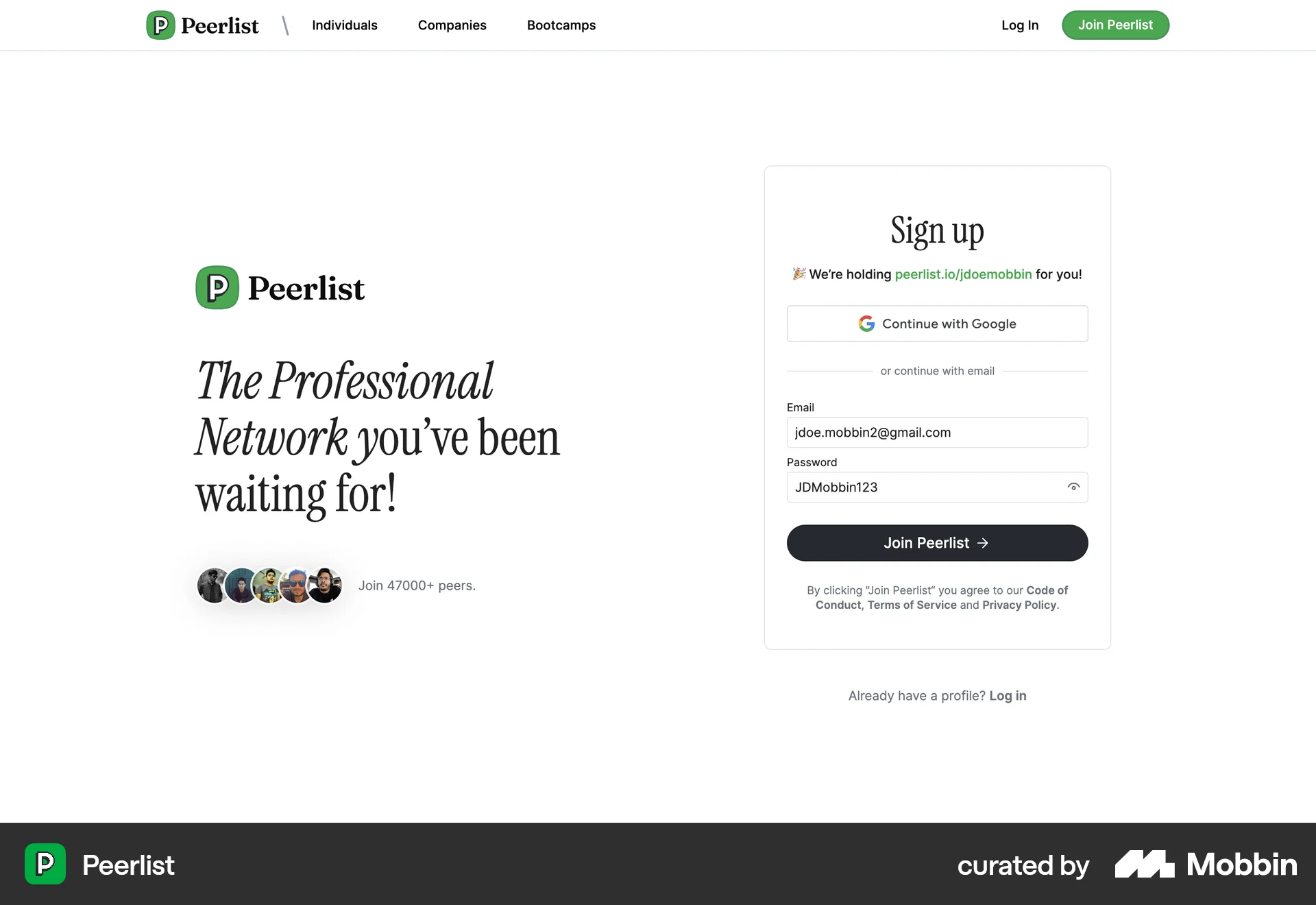 Peerlist Web Signup screen