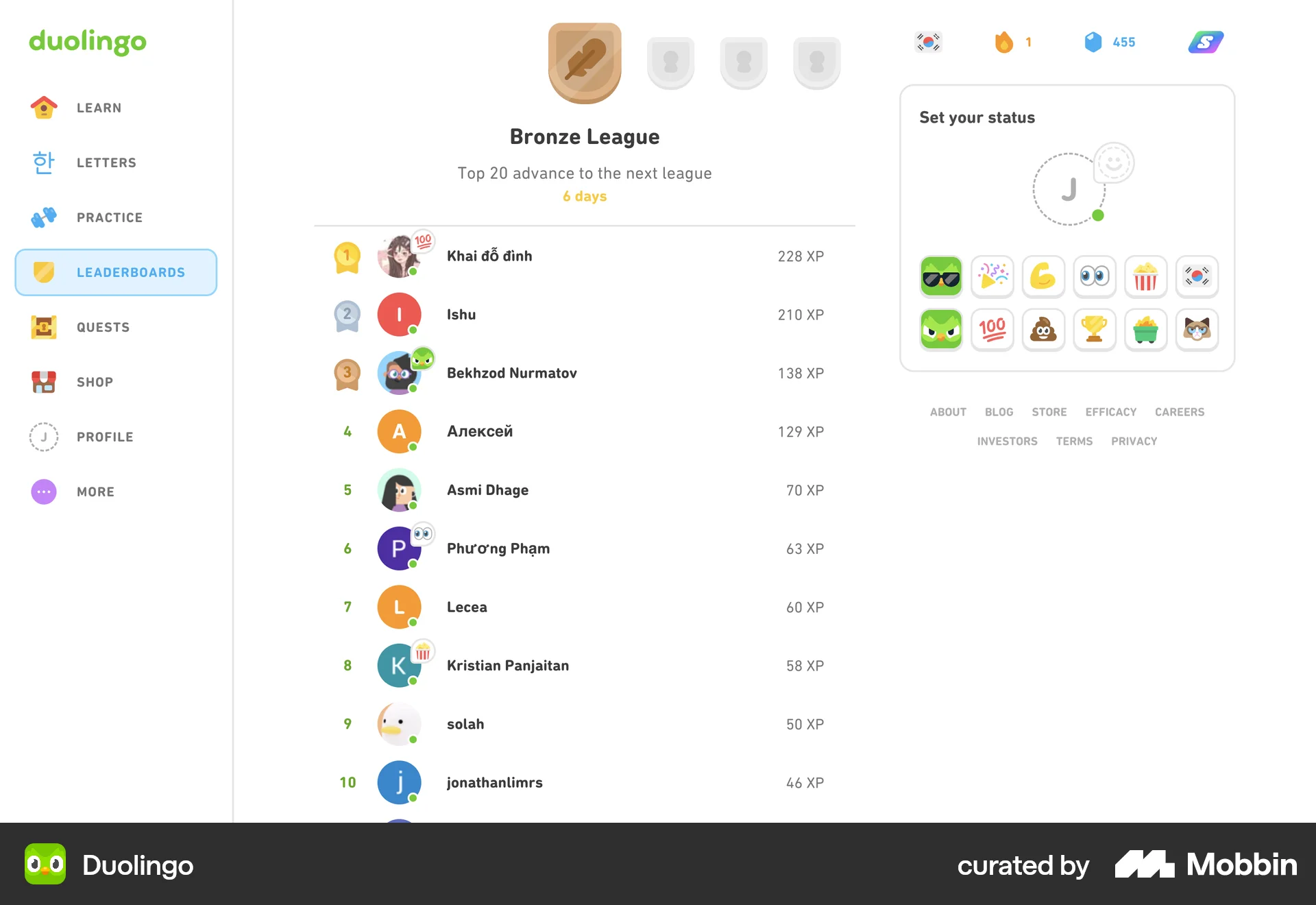 Duolingo Web Leaderboard screen
