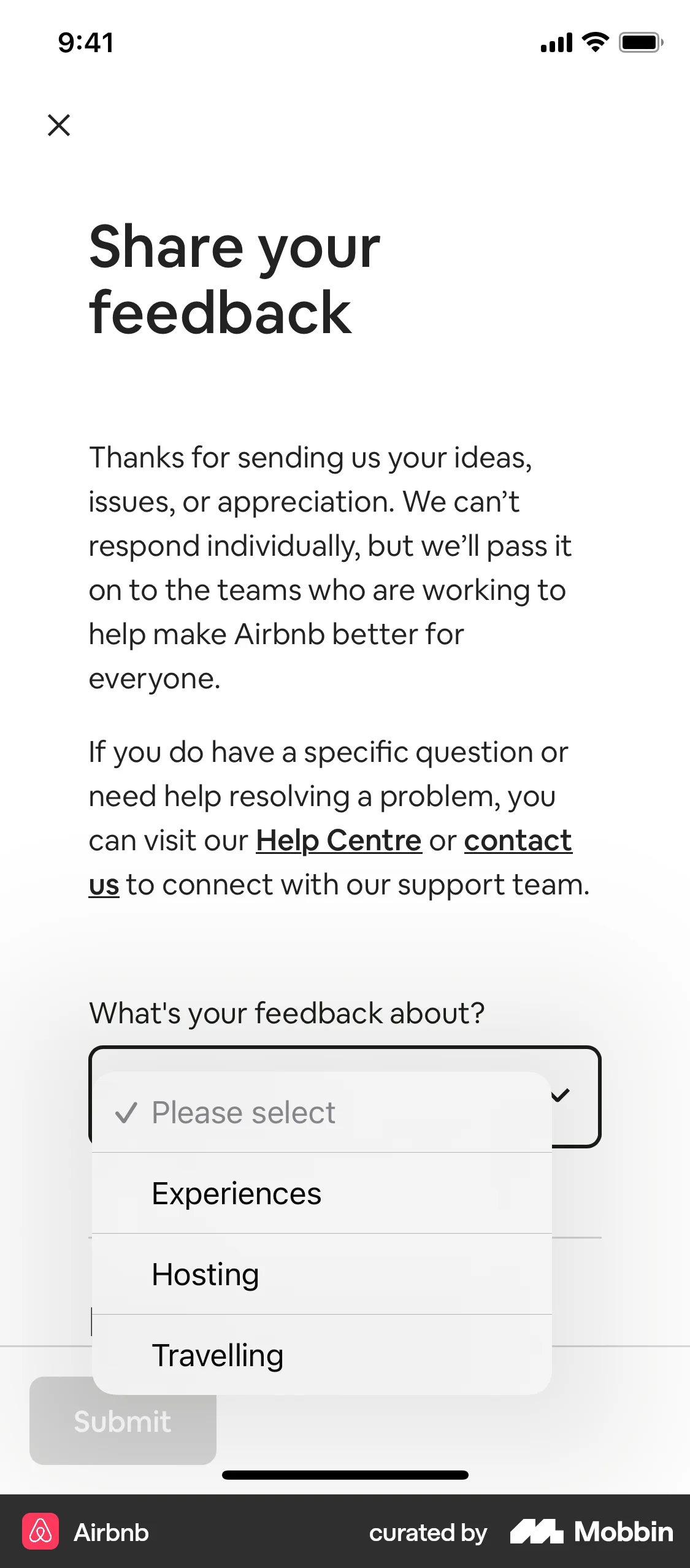 Airbnb iOS screen containing Dropdown Menu UI element