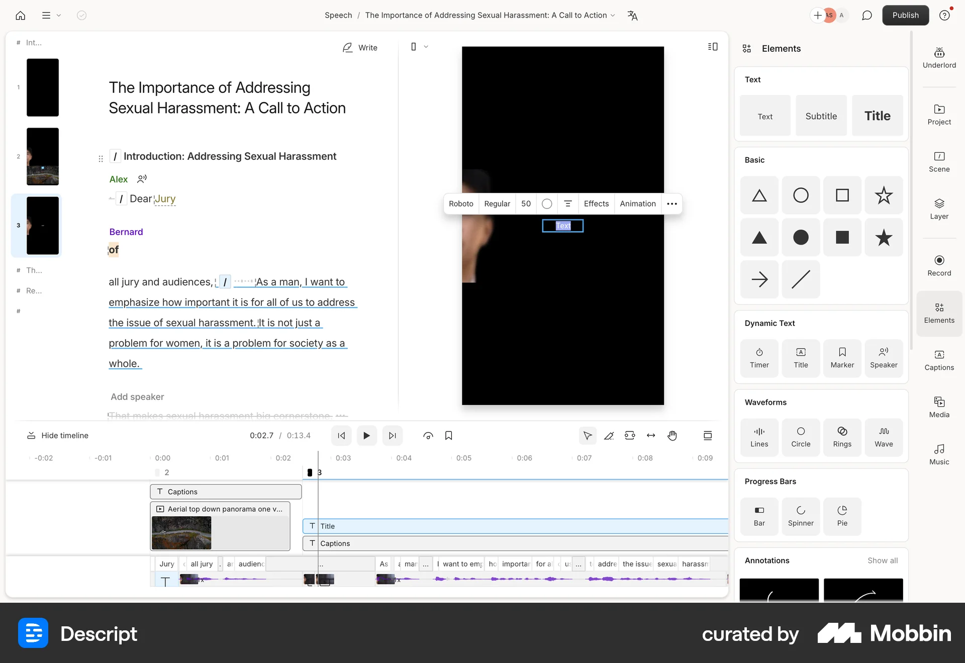 Descript Web screen containing Editable Text UI element