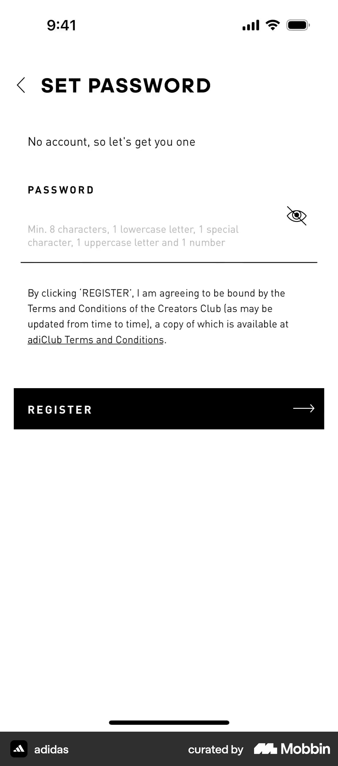 adidas iOS Signup screen