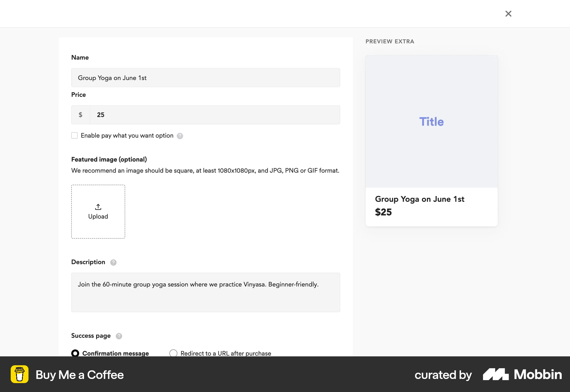 Buy Me a Coffee Web screen containing Full-Screen Overlay UI element