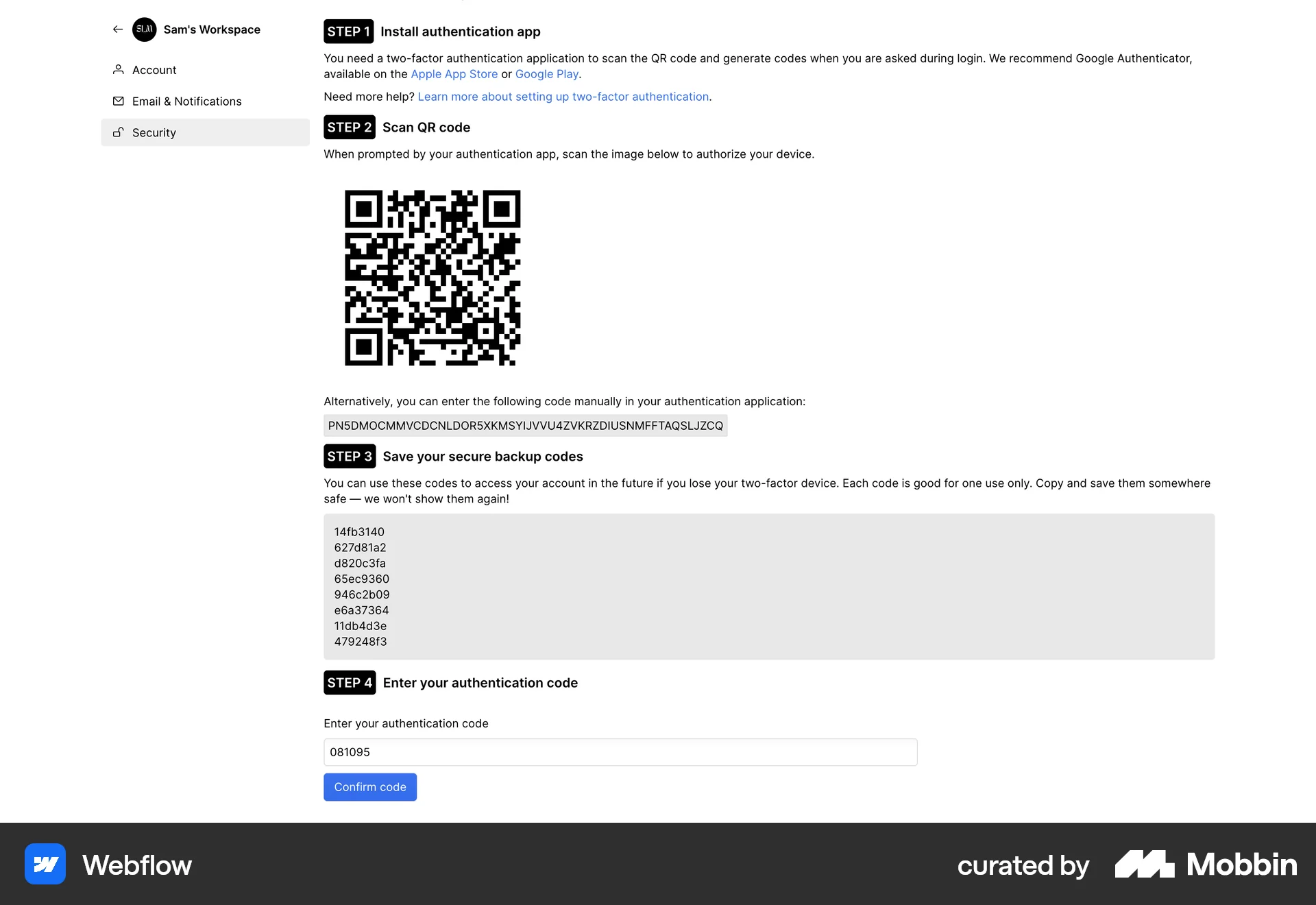 Webflow Web QR Code screen