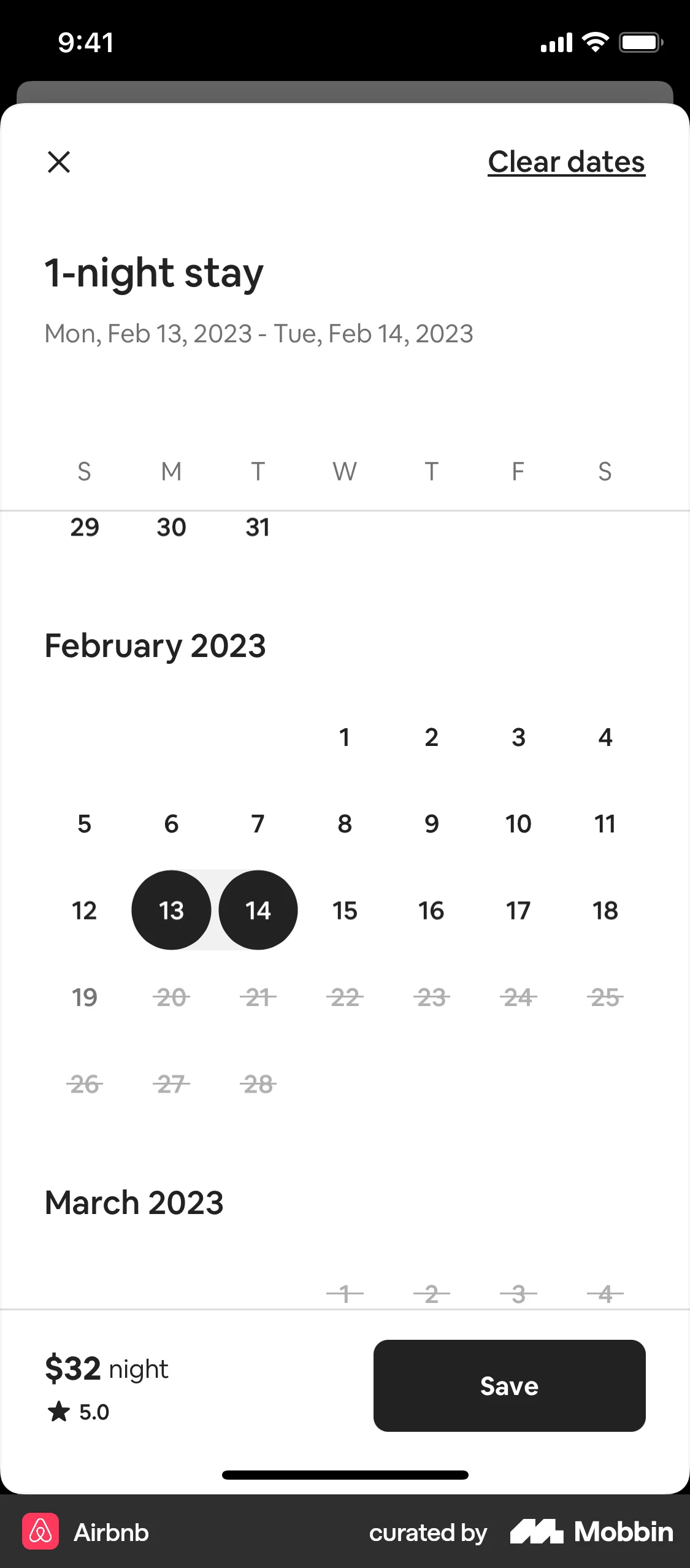 Airbnb iOS Calendar screen