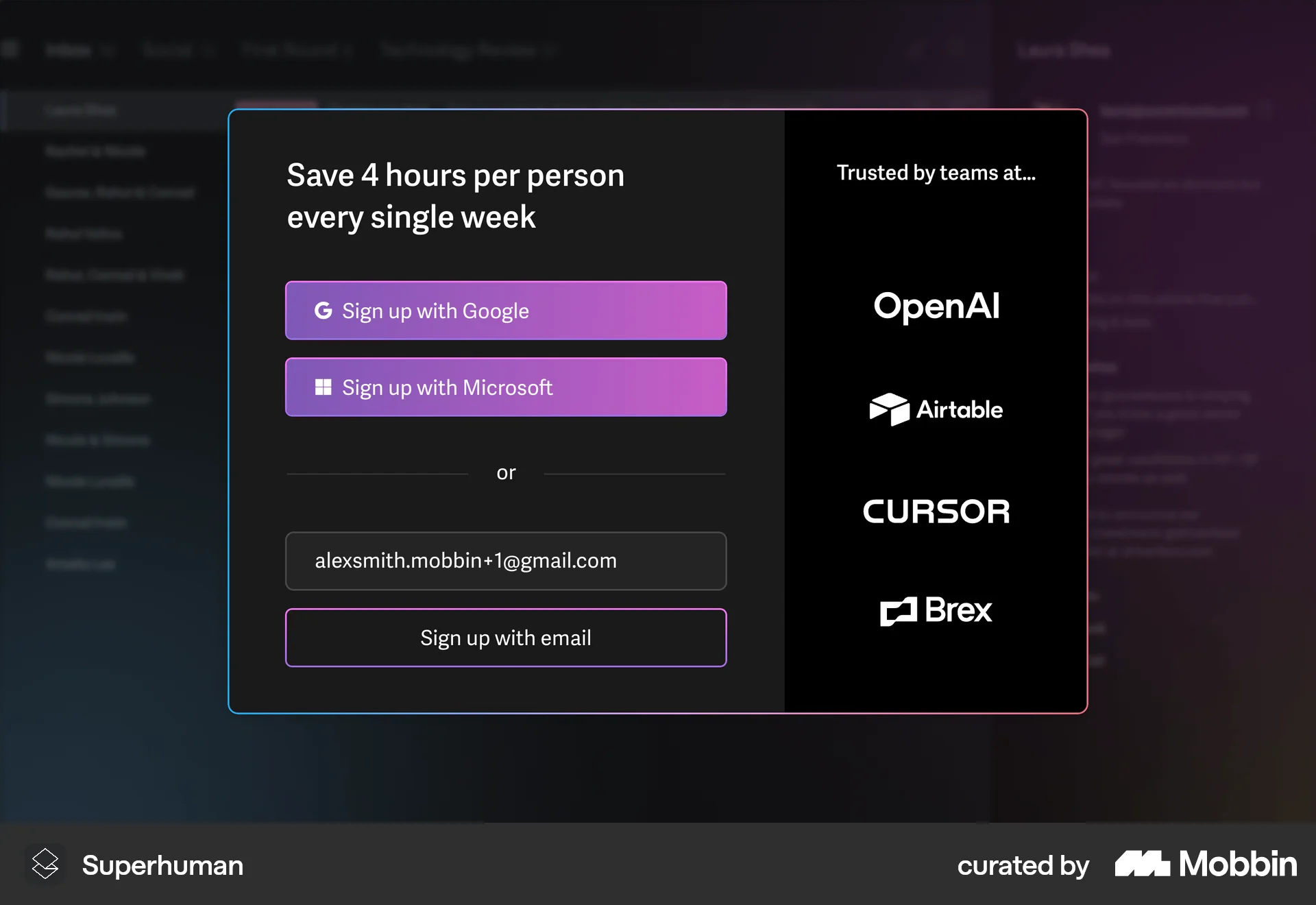 Superhuman Mail Web screen containing Modal UI UI element