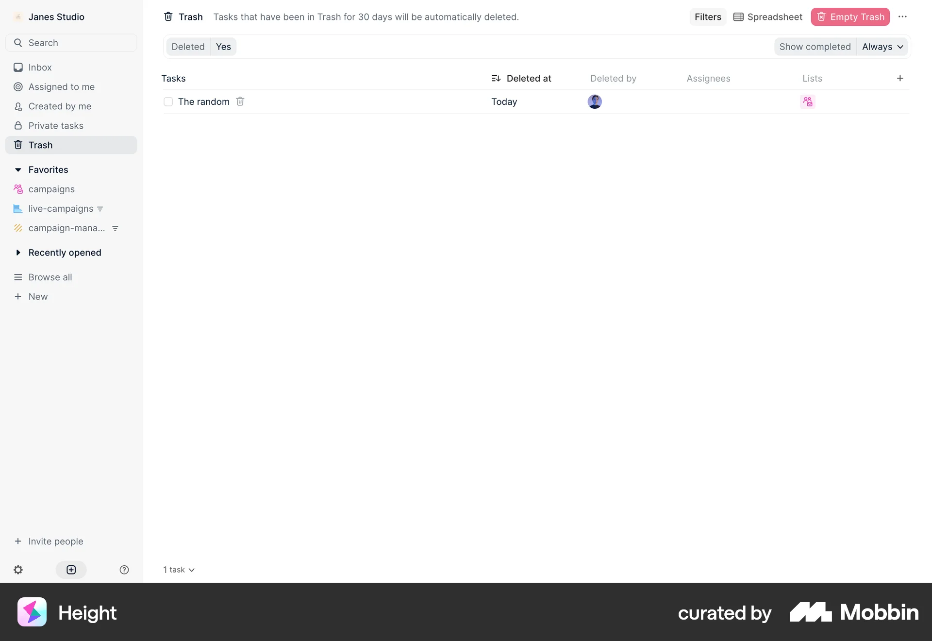 Height Web Trash & Archive screen