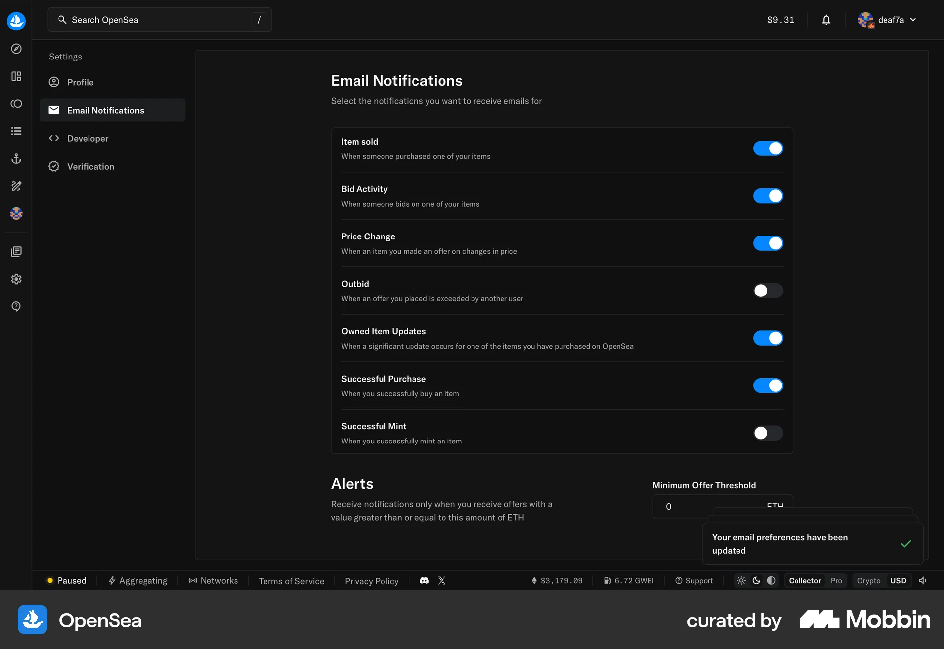 OpenSea Web Settings & Preferences screen