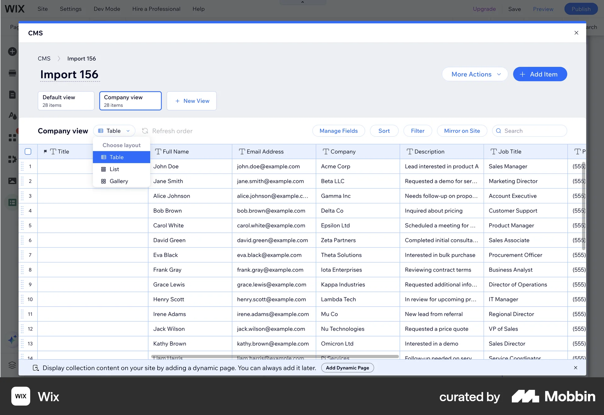 Wix Web screen containing Select UI element