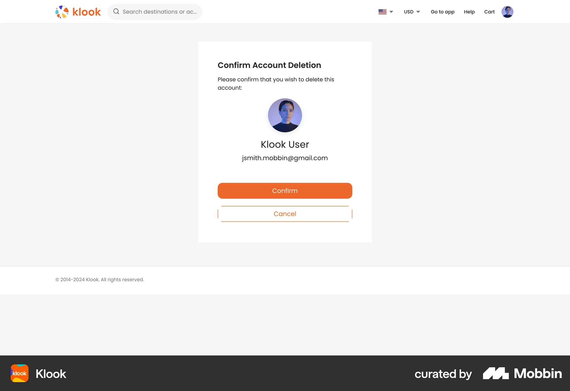 Klook Web Delete & Deactivate Account screen