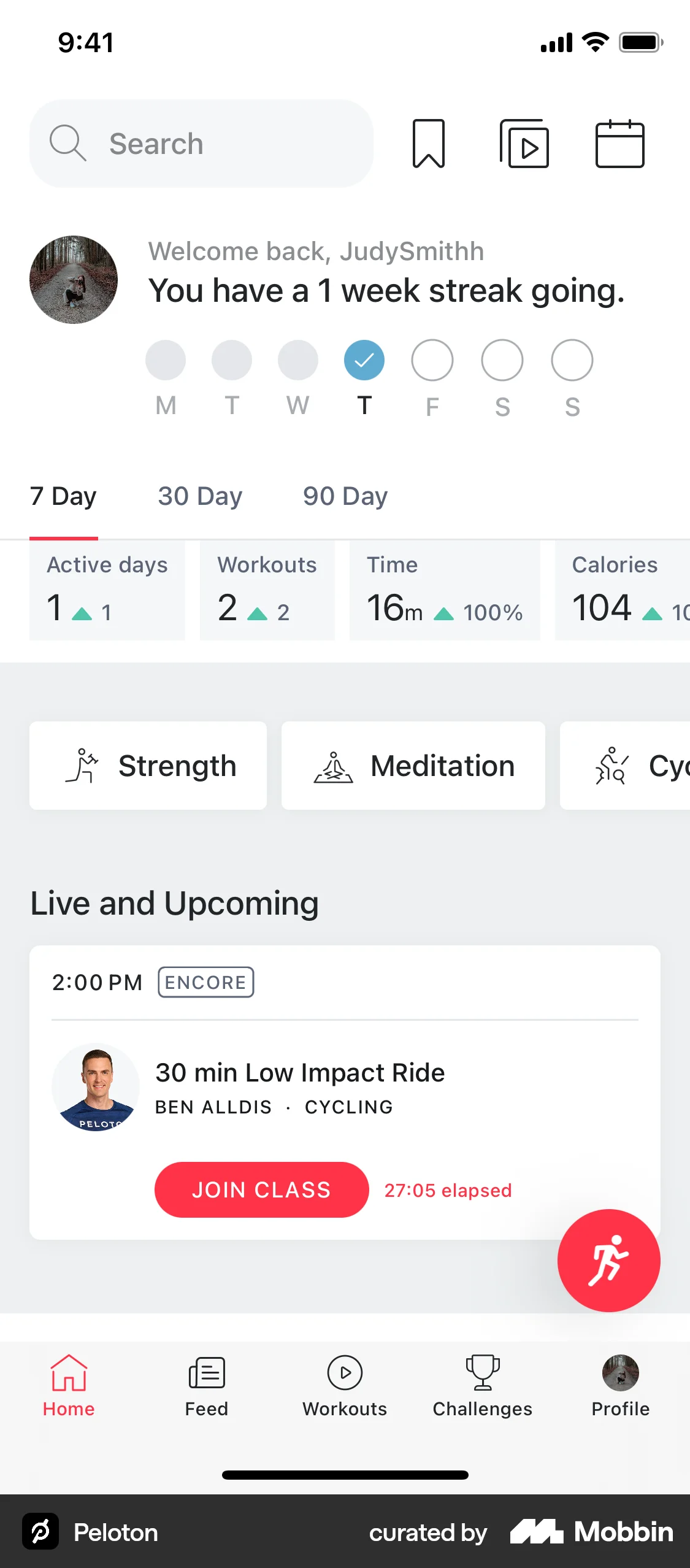 Peloton iOS screen containing Tab UI element