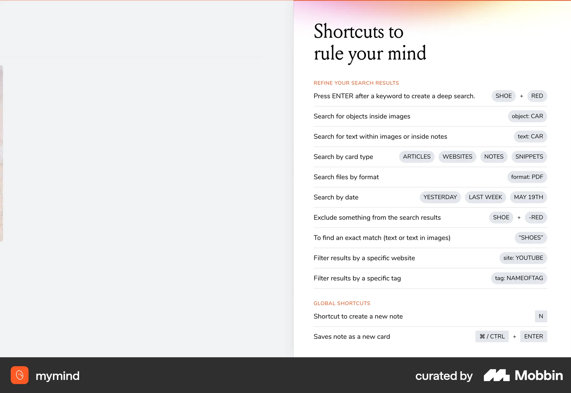 mymind Web screen containing Drawer UI element