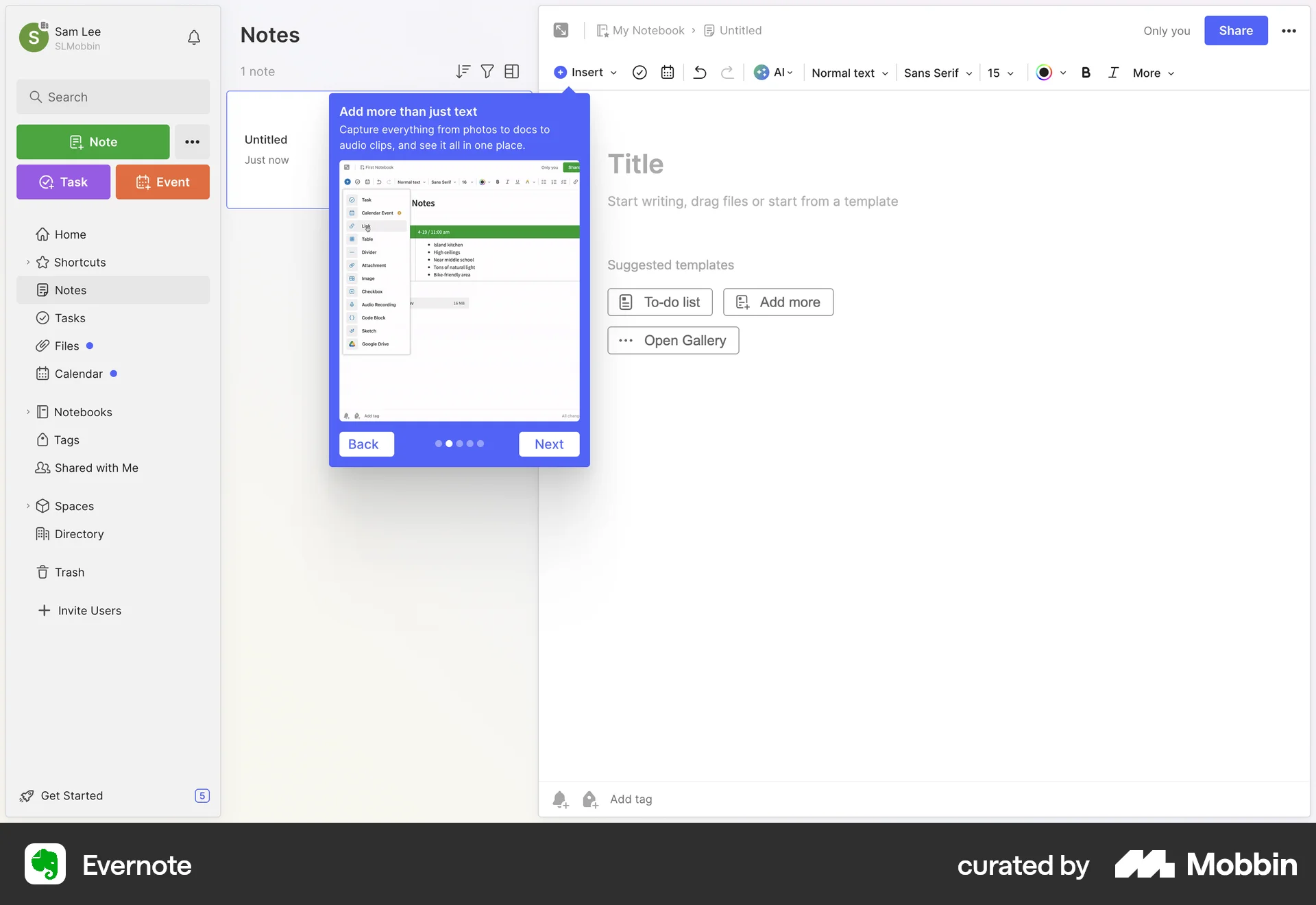 Evernote Web screen containing Coach Marks UI element