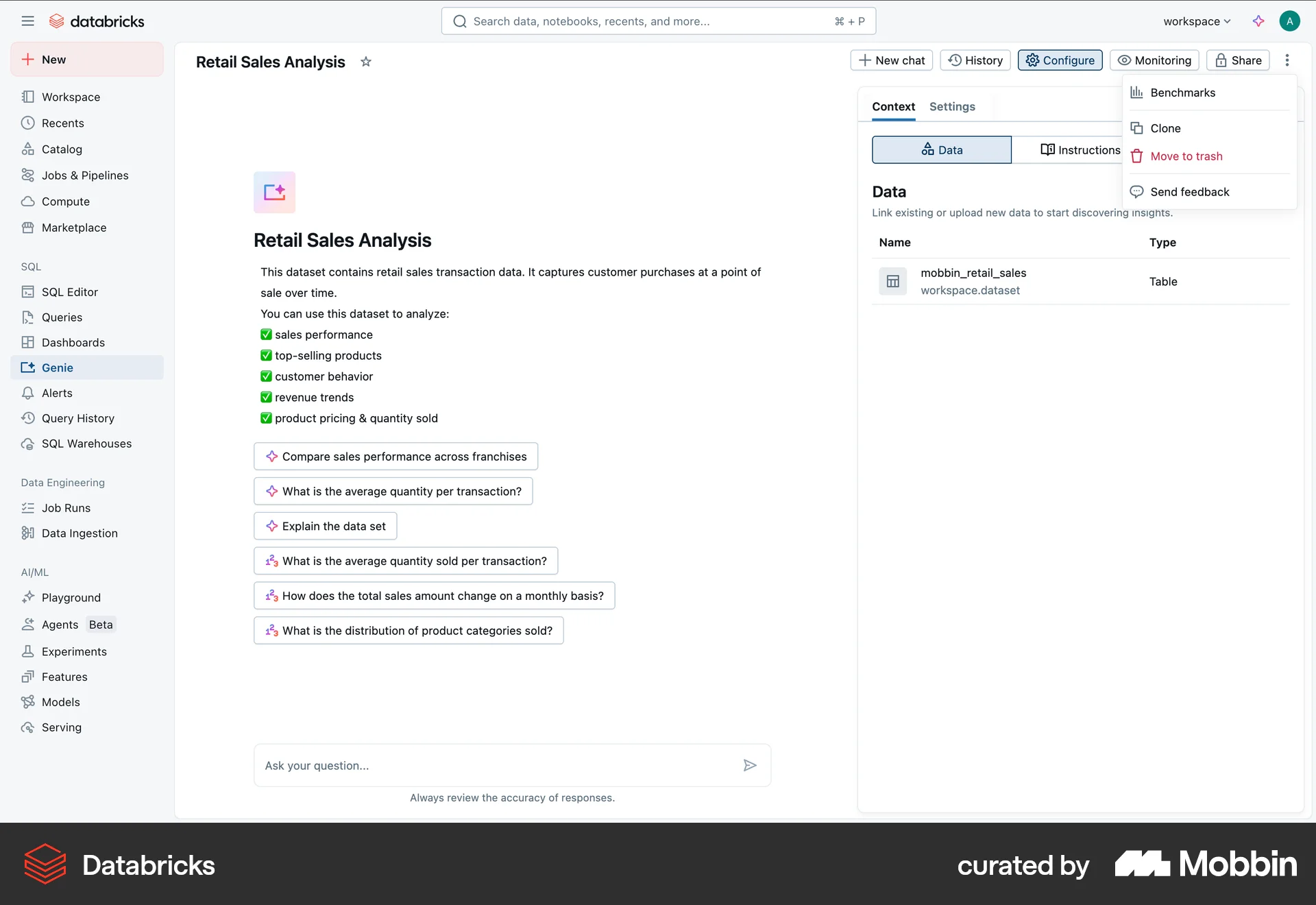 Databricks Web Action Option screen