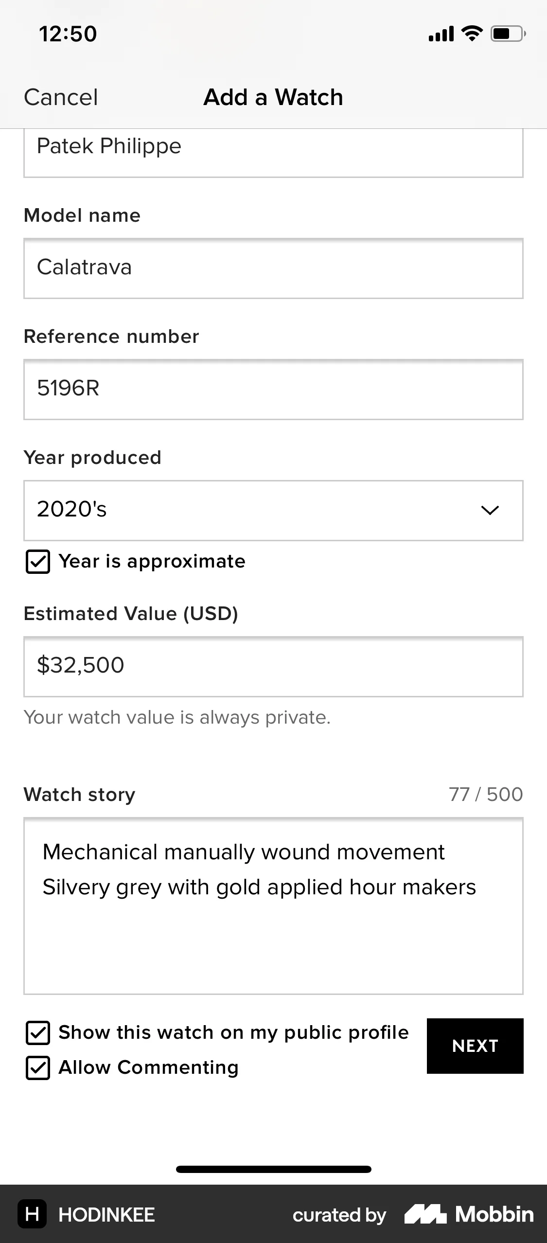 HODINKEE iOS screen containing Checkbox UI element