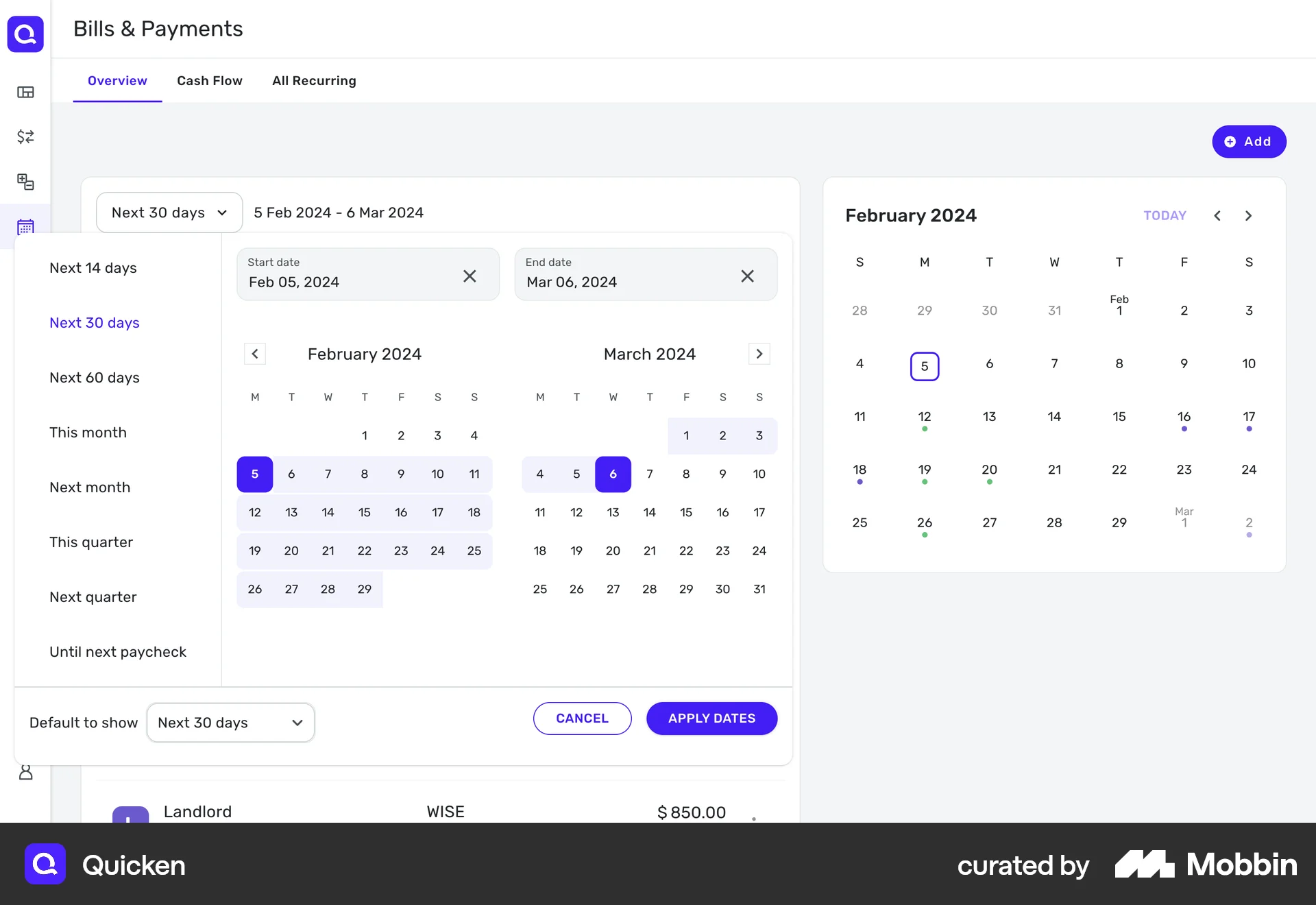 Quicken Web Calendar screen