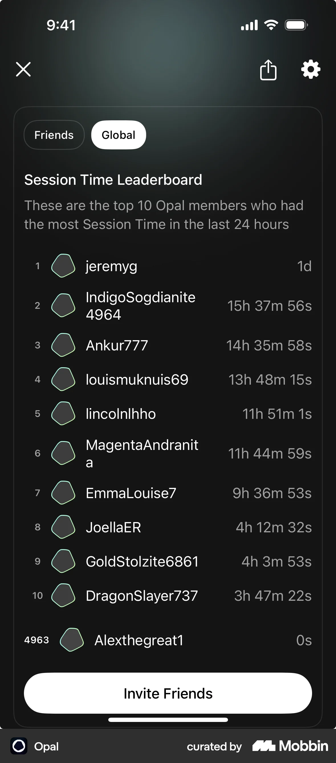 Opal iOS Leaderboard screen