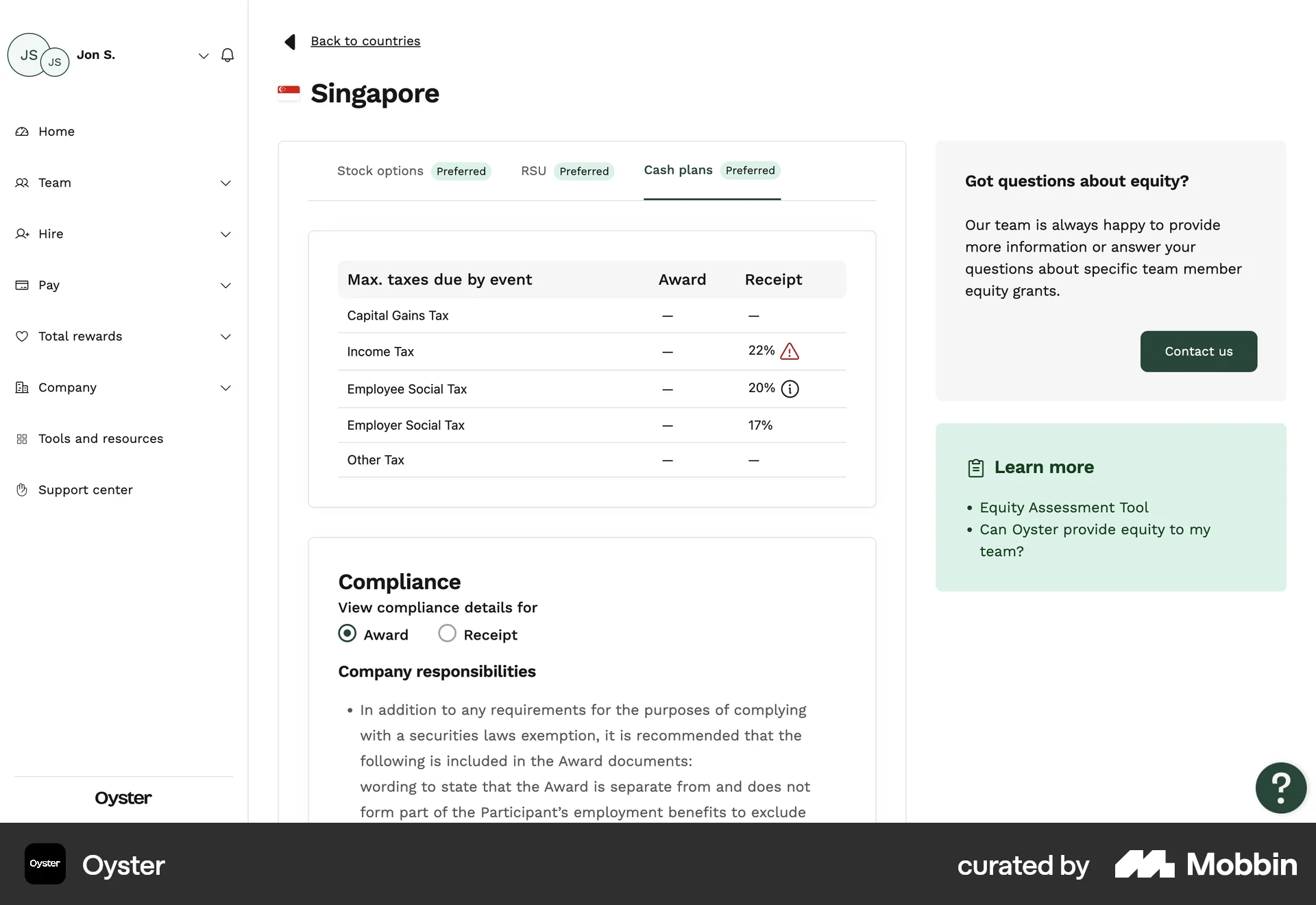 Oyster Web Help & Support screen