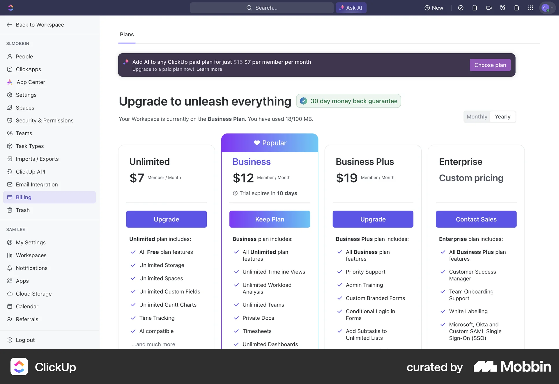 ClickUp Web Pricing screen