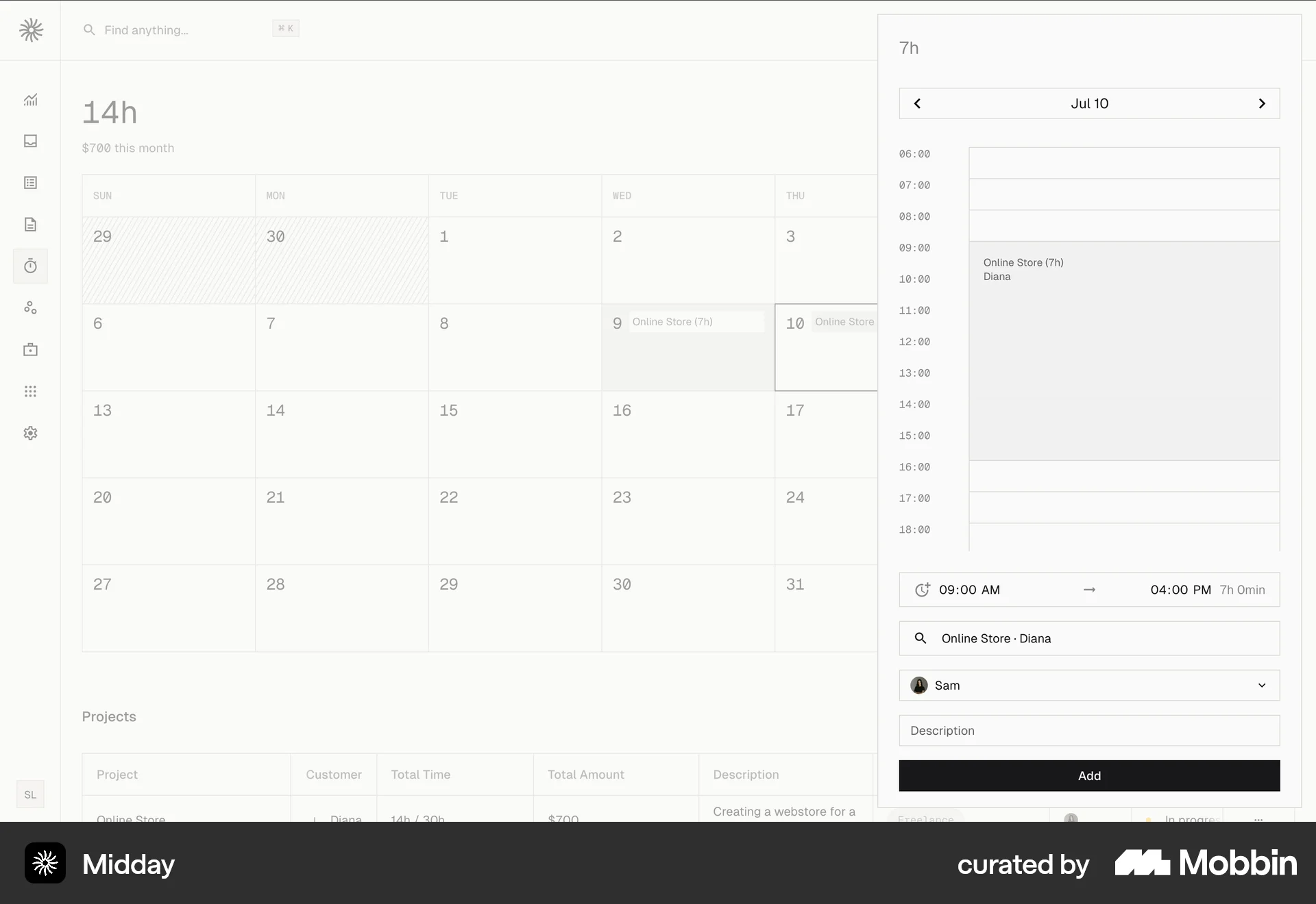 Midday Tracking a project screen