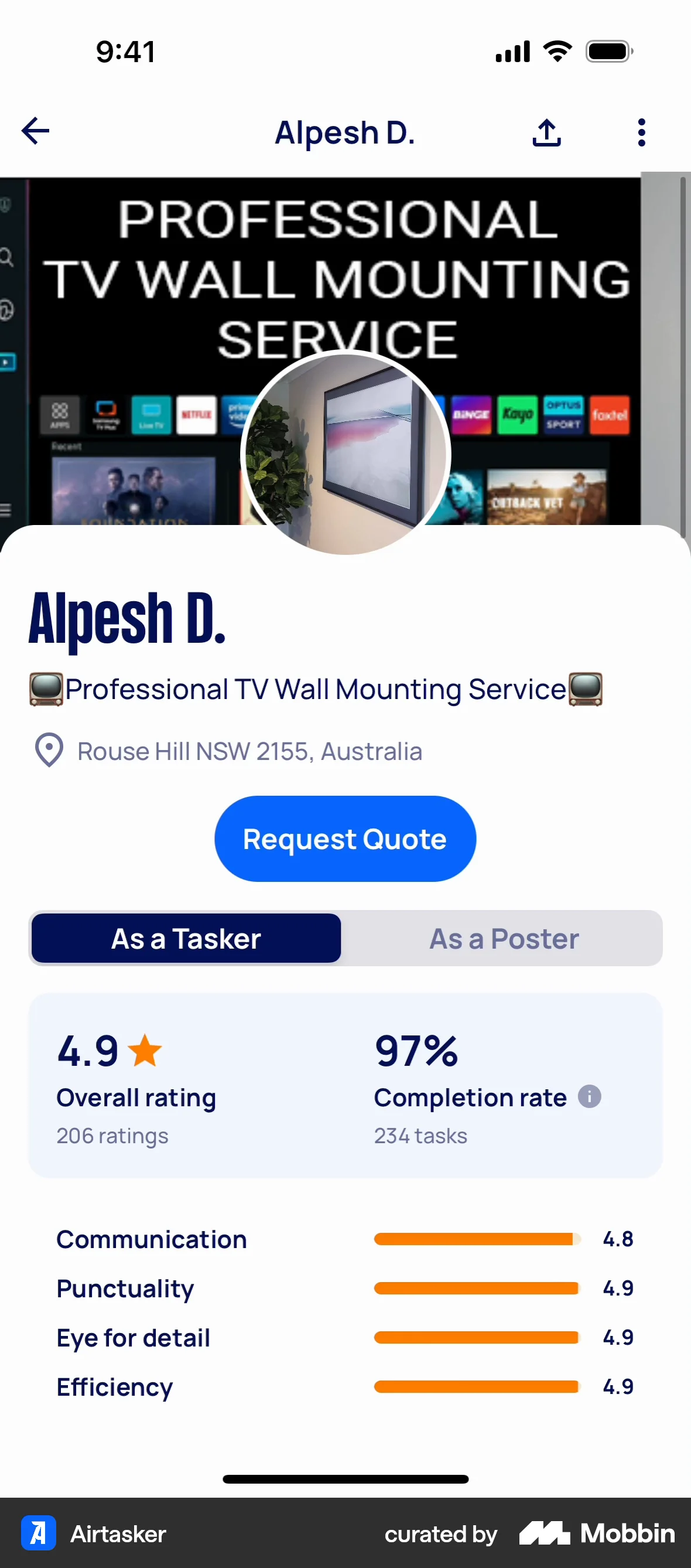 Airtasker iOS User / Group Profile screen