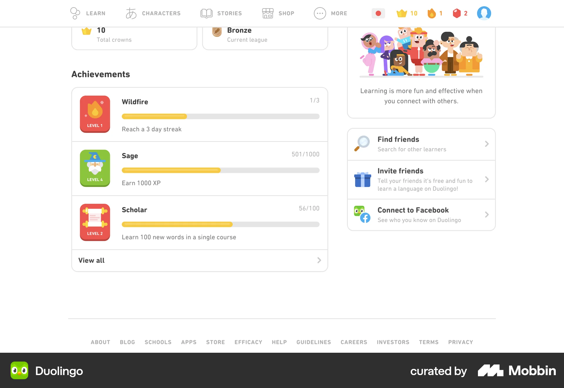 Duolingo Web Achievements & Awards screen