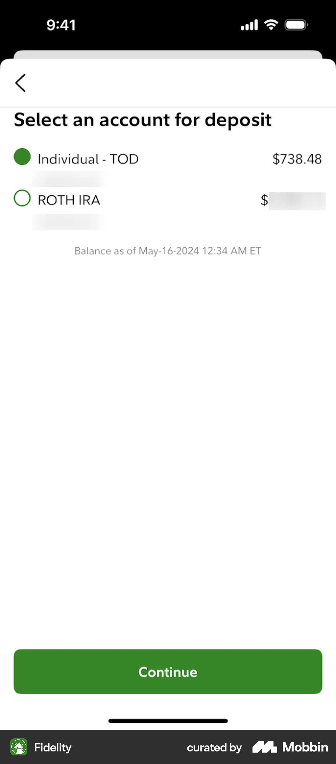 Fidelity iOS screen containing Radio Button UI element