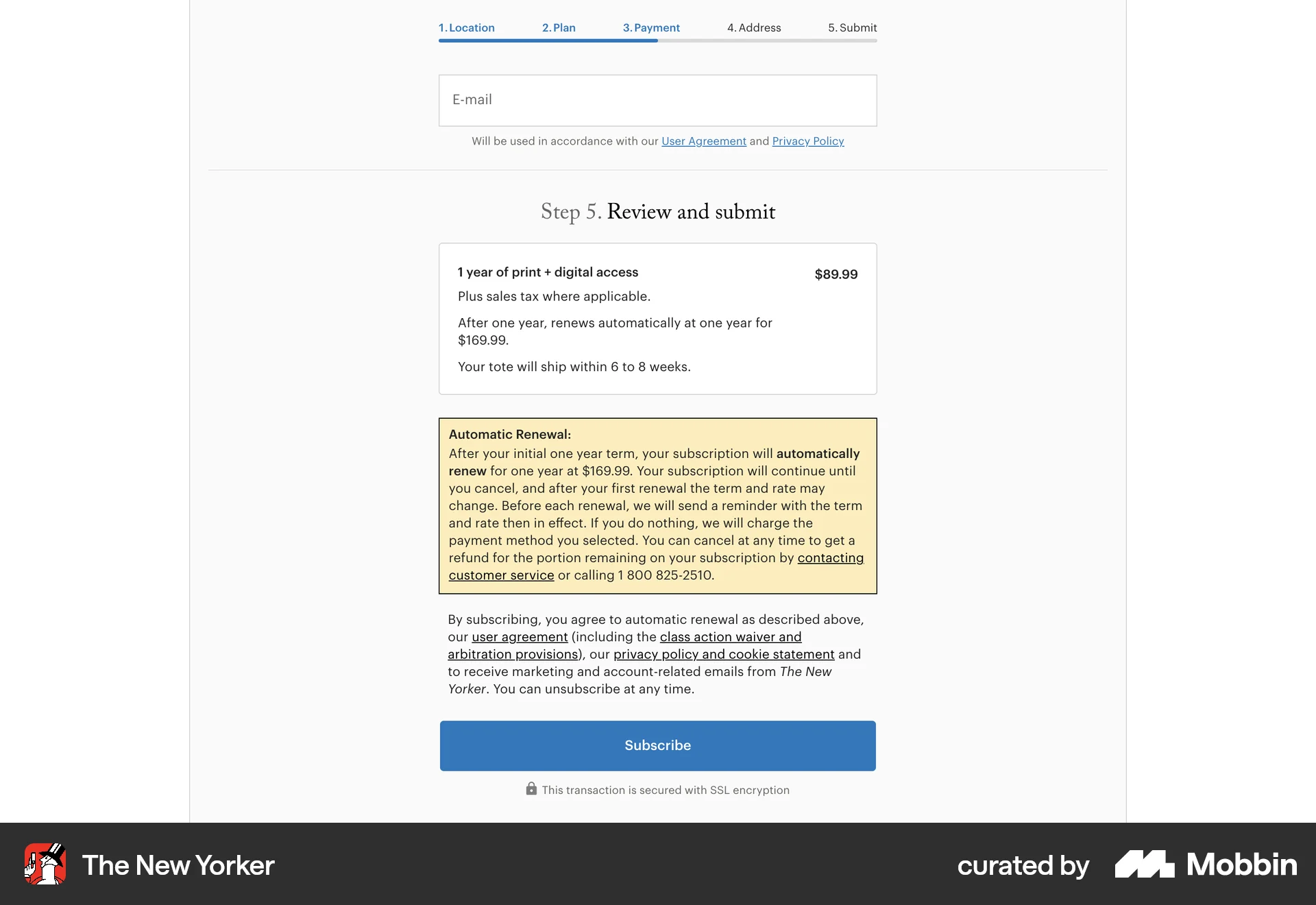 The New Yorker Web Checkout screen