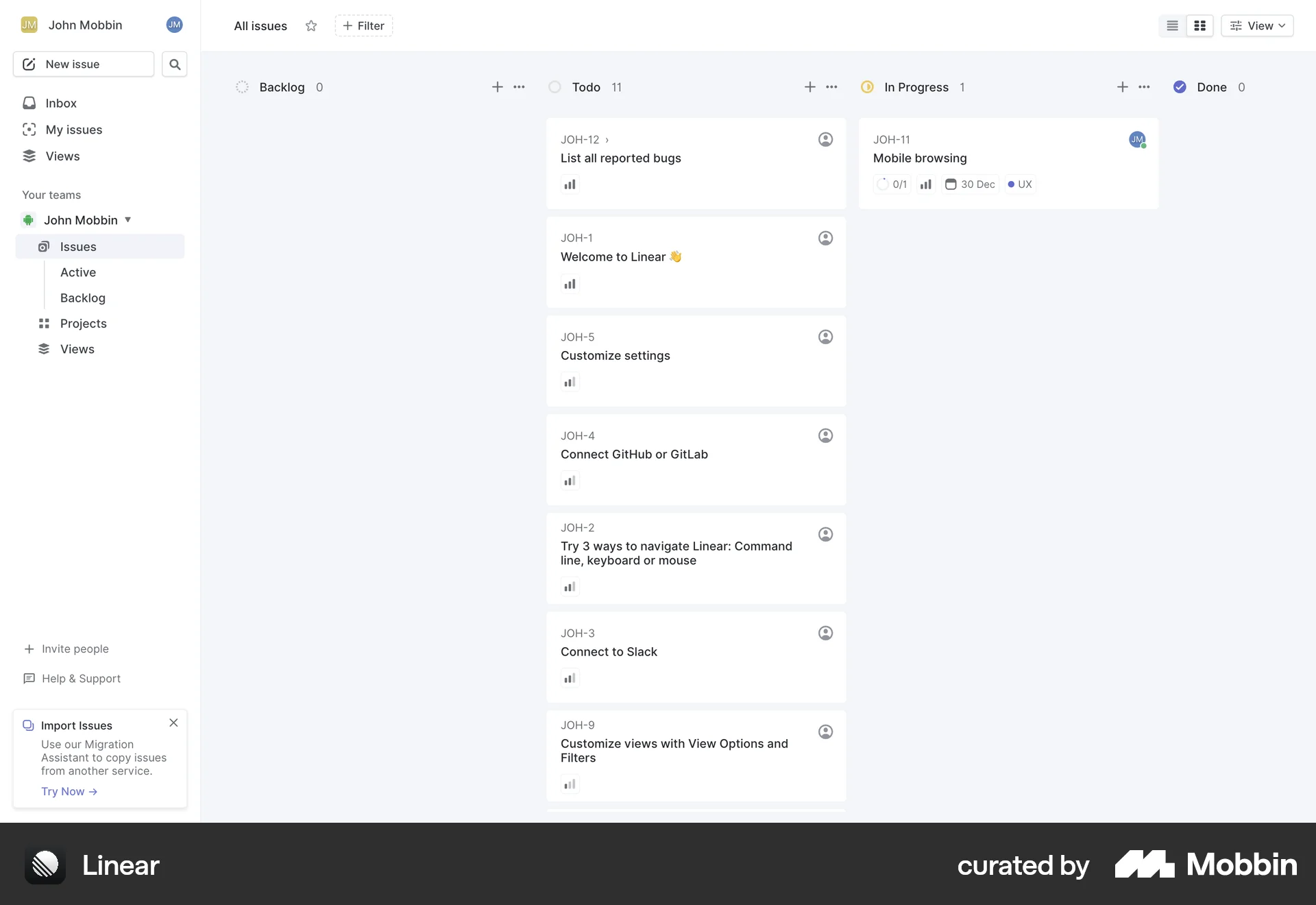 Linear Web Kanban Board screen