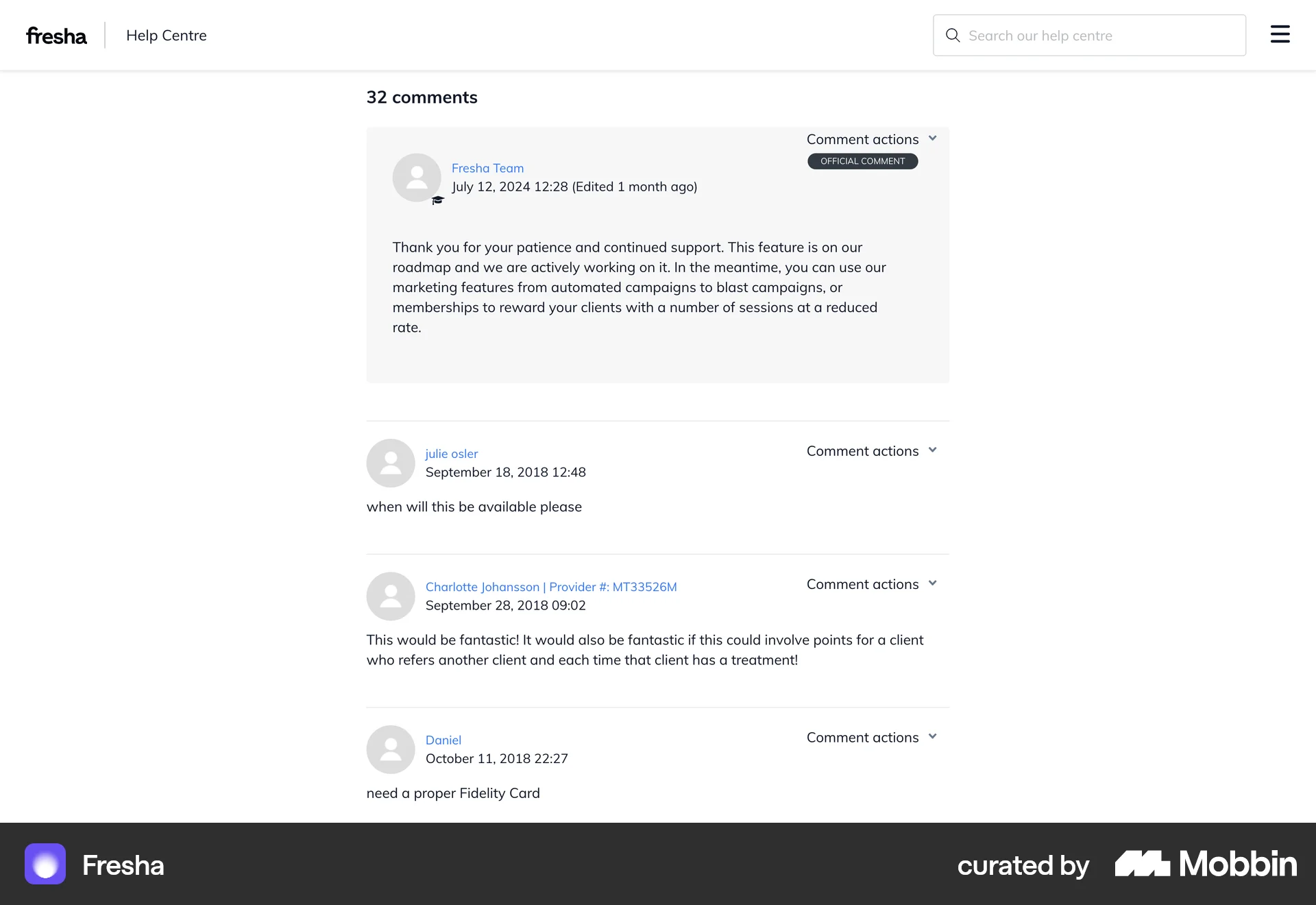 Fresha Web Comments screen