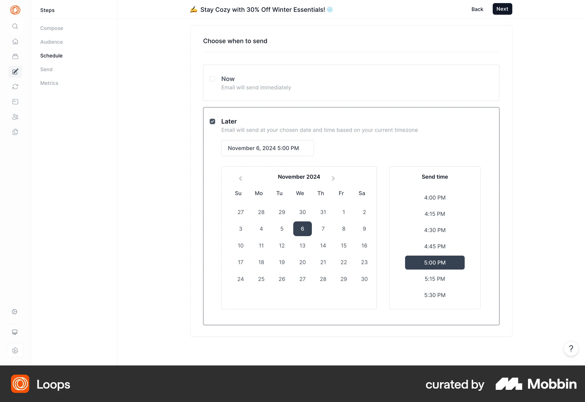 Loops Web screen containing Time Picker UI element