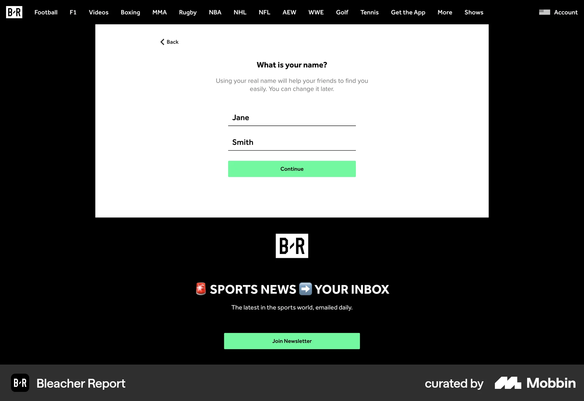 Bleacher Report Web Sports App screen