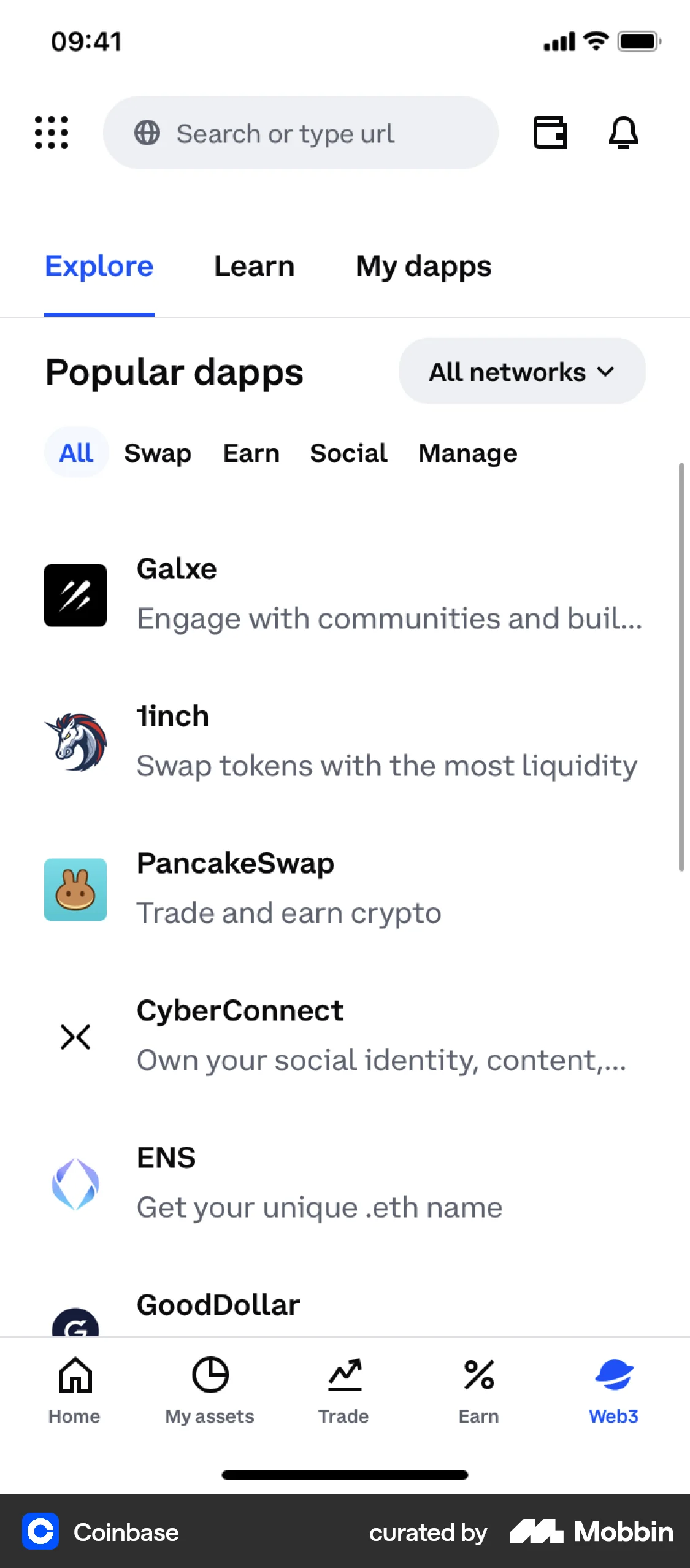 Coinbase iOS screen containing Dropdown Menu UI element