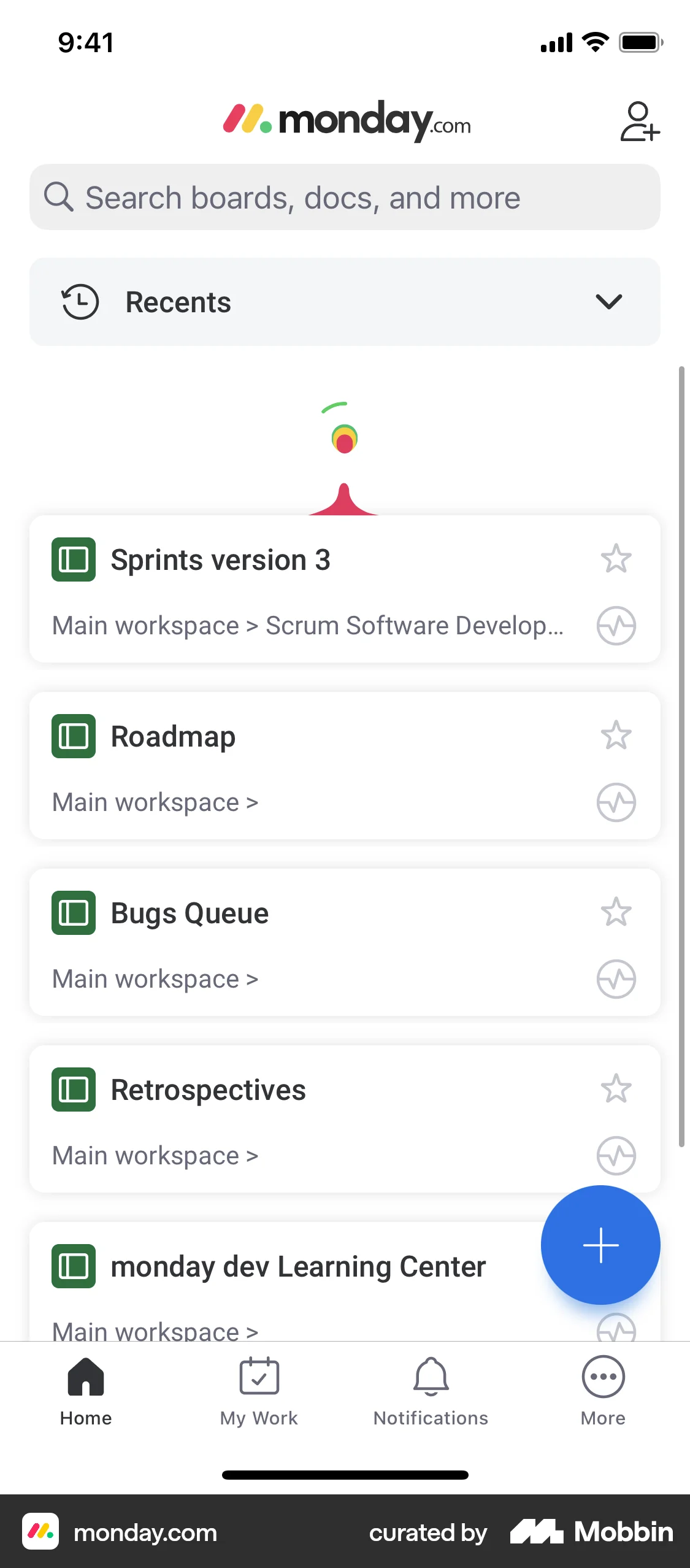 monday.com iOS Pull to Refresh screen