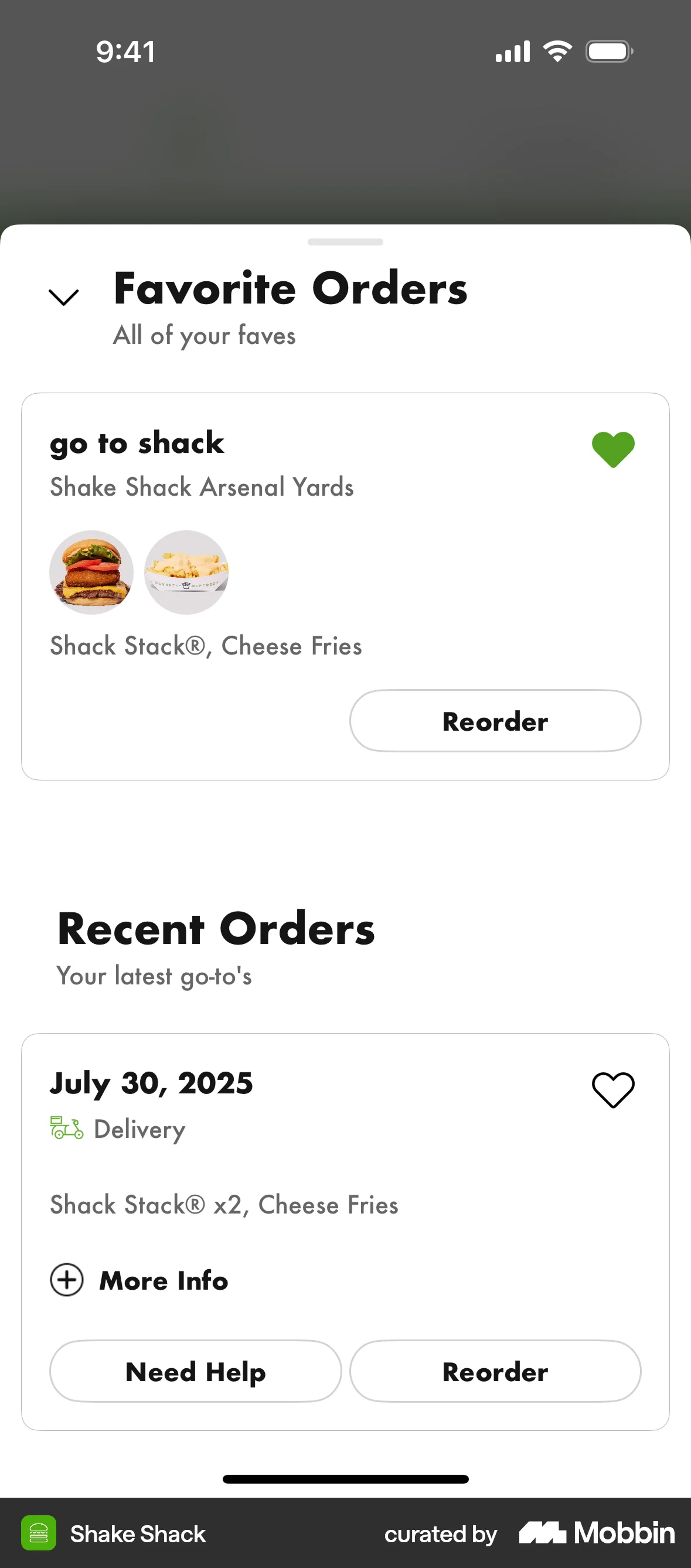 Shake Shack iOS Favorite & Pin screen