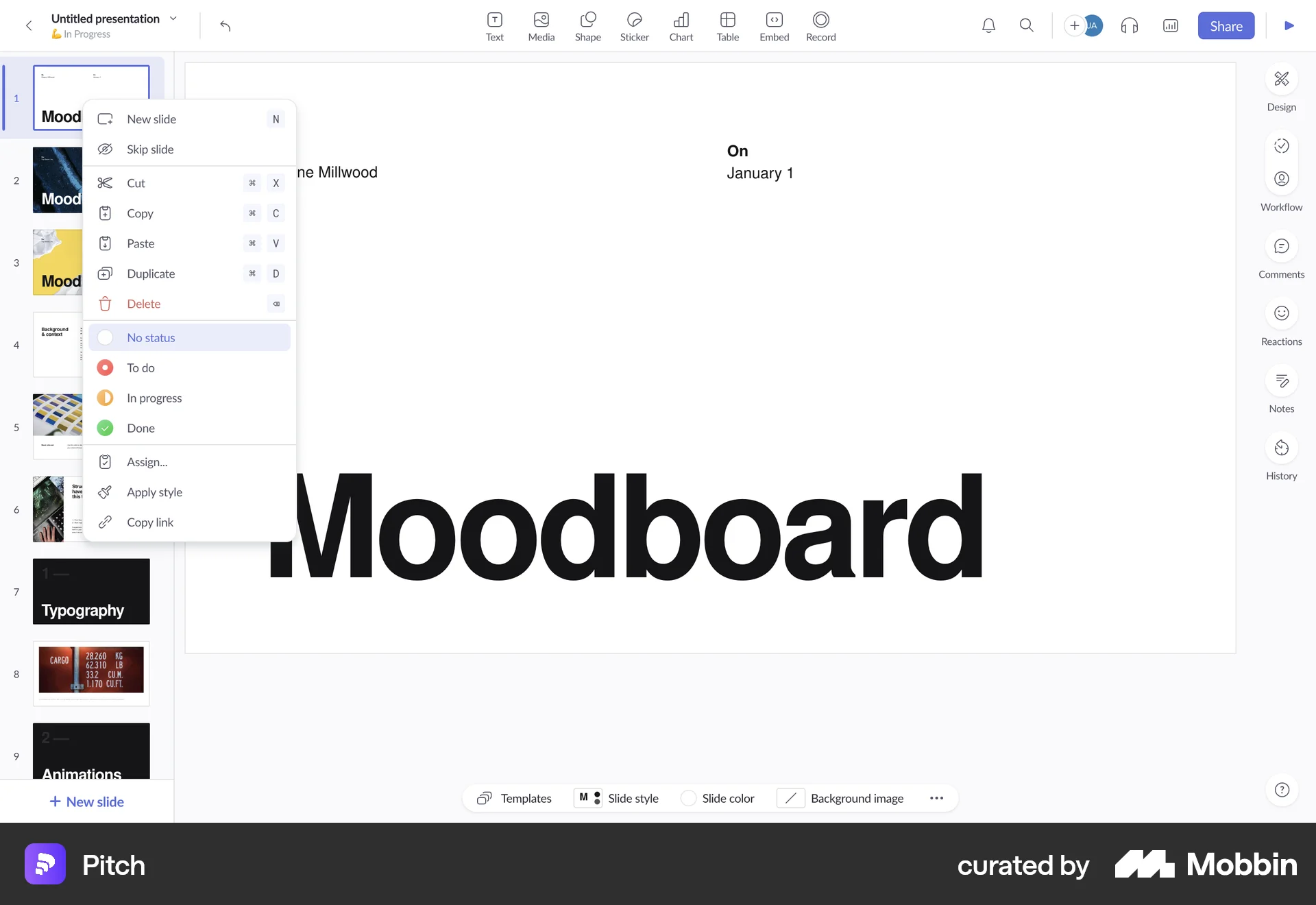 Pitch Web screen containing Context Menu UI element