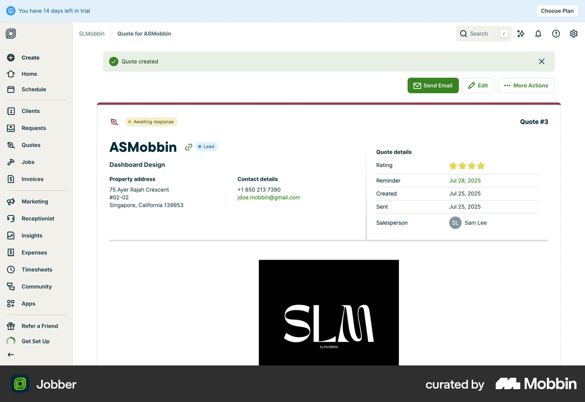 Jobber Web screen containing Button UI element