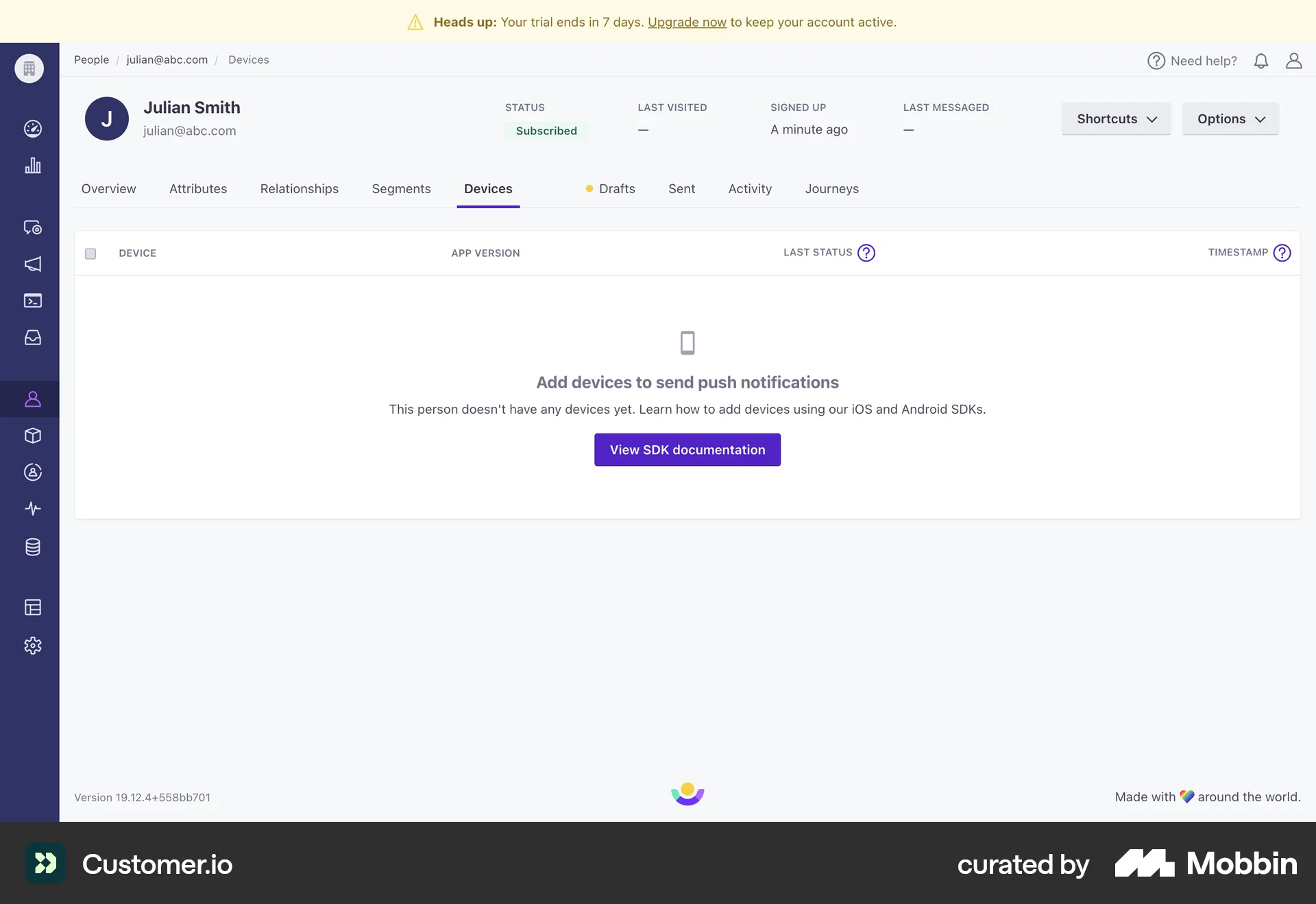 Customer.io Web User / Group Profile screen