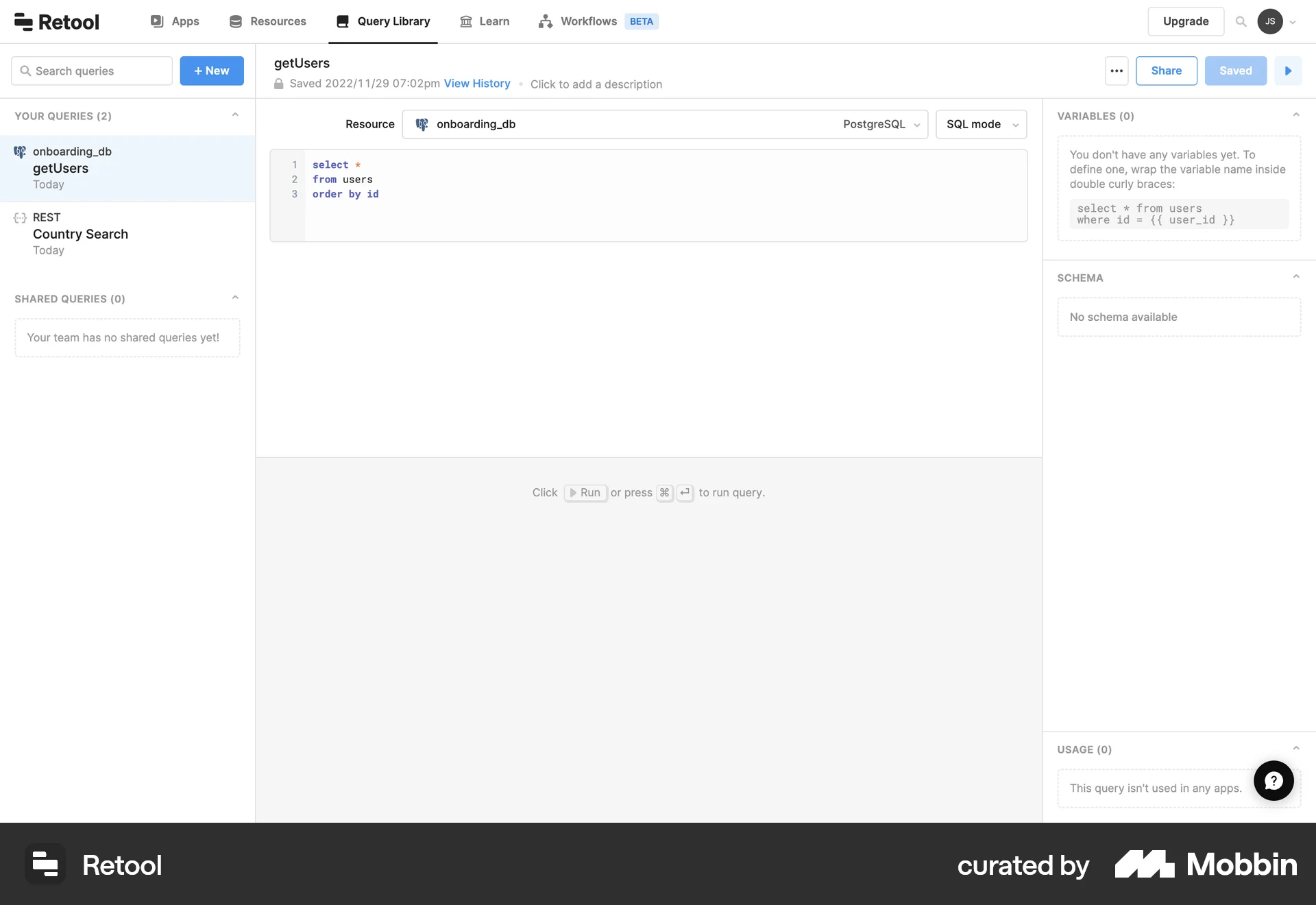 Retool Web Code Editor screen