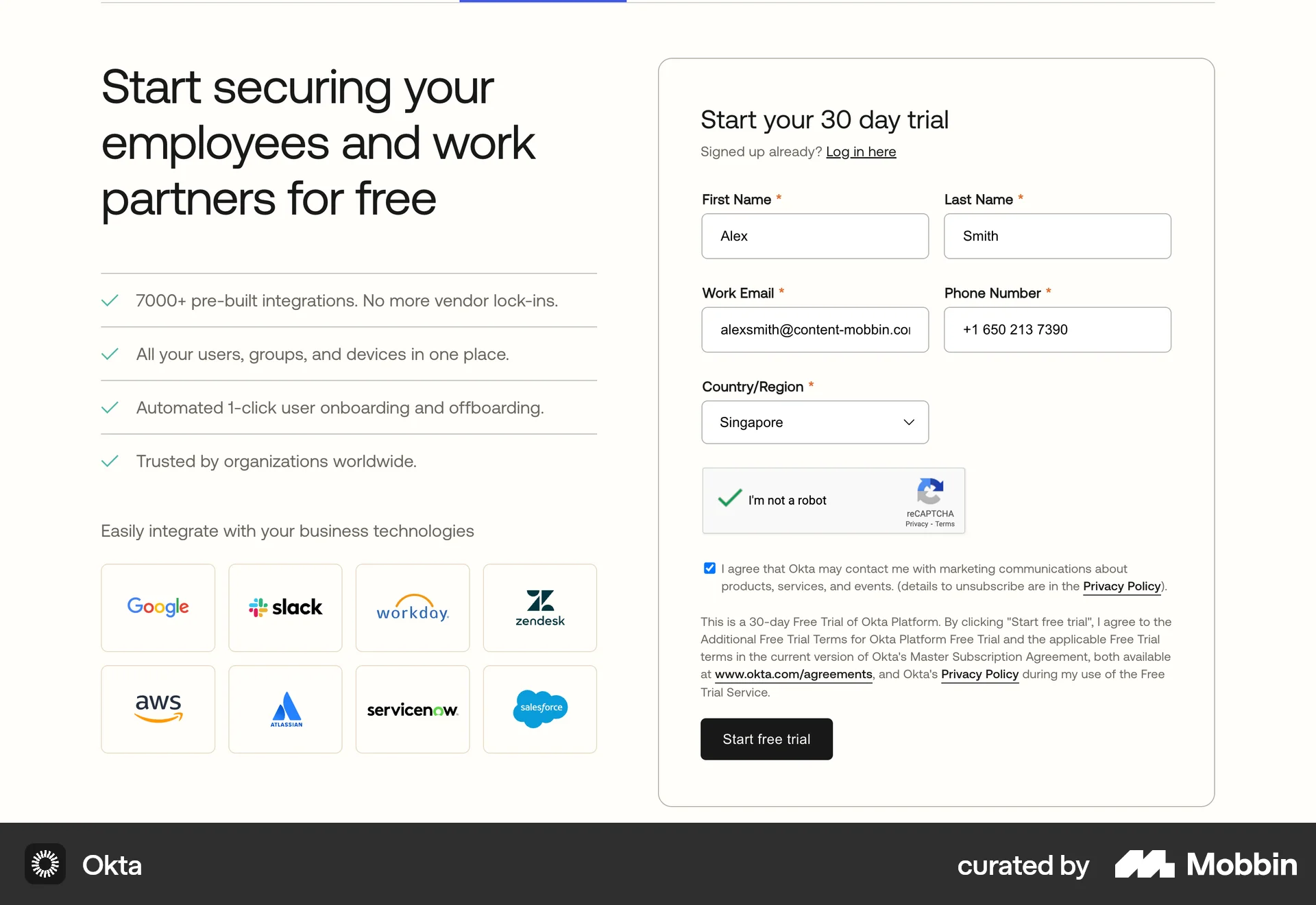 Okta Web Signup screen